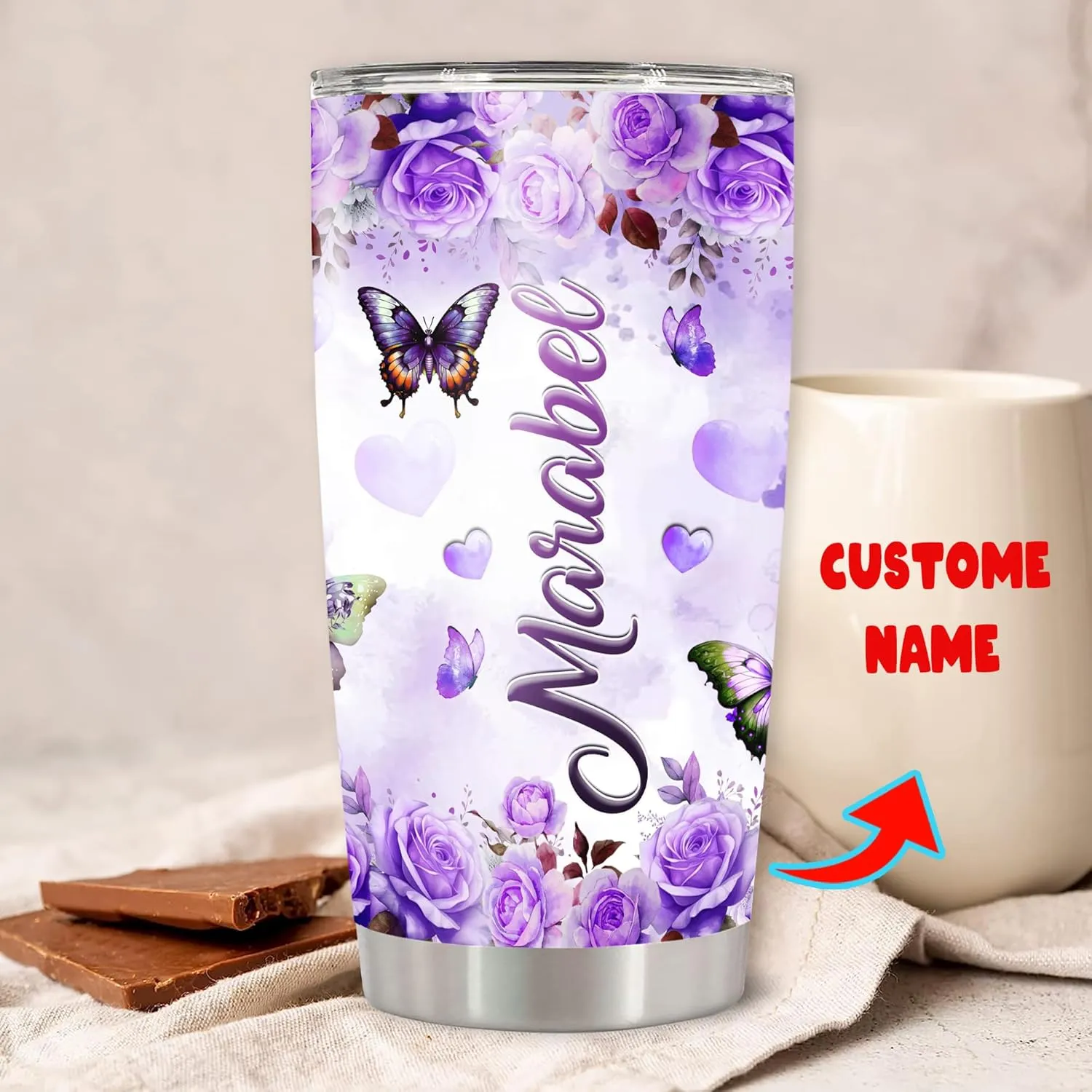 Butterfly Gifts for Women Girls Personalized Tumbler Custom Name Mom Grandma Nanny Travel Mug Insulated Cup with Lid Stainless Steel 20oz 30oz Purple Gift on Birthday Mother's Day