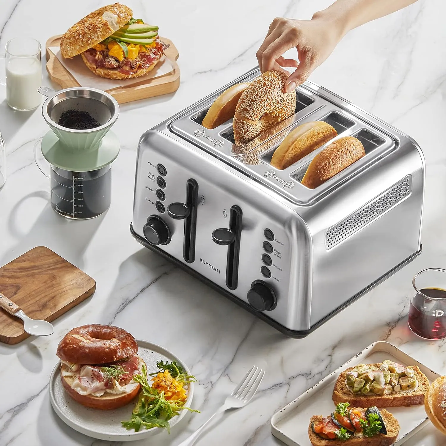 BUYDEEM DT640 4-Slice Toaster, Extra Wide Slots, Retro Stainless Steel with High Lift Lever, Bagel and Muffin Function, Removal Crumb Tray, 7-Shade Settings,Stainless Steel