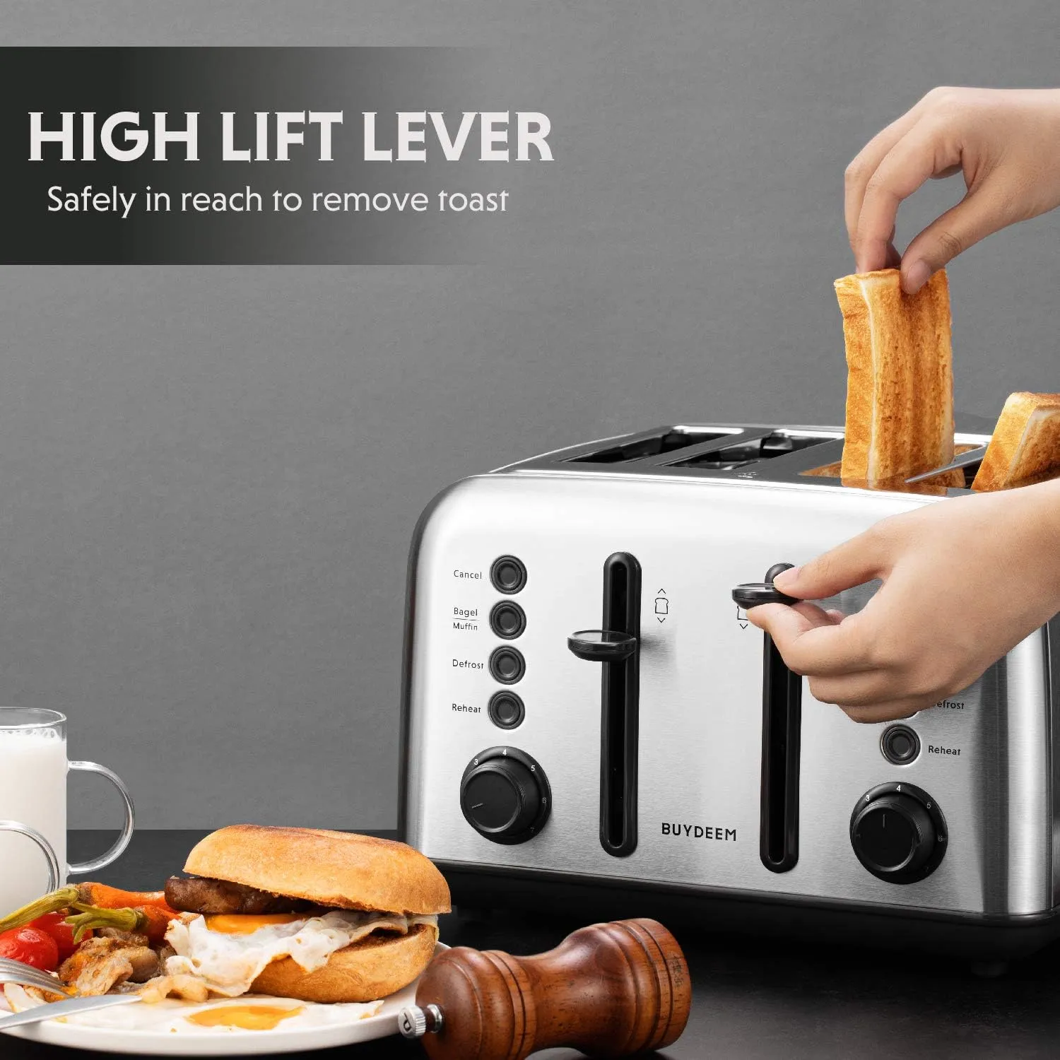 BUYDEEM DT640 4-Slice Toaster, Extra Wide Slots, Retro Stainless Steel with High Lift Lever, Bagel and Muffin Function, Removal Crumb Tray, 7-Shade Settings,Stainless Steel