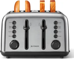 BUYDEEM DT640 4-Slice Toaster, Extra Wide Slots, Retro Stainless Steel with High Lift Lever, Bagel and Muffin Function, Removal Crumb Tray, 7-Shade Settings,Stainless Steel