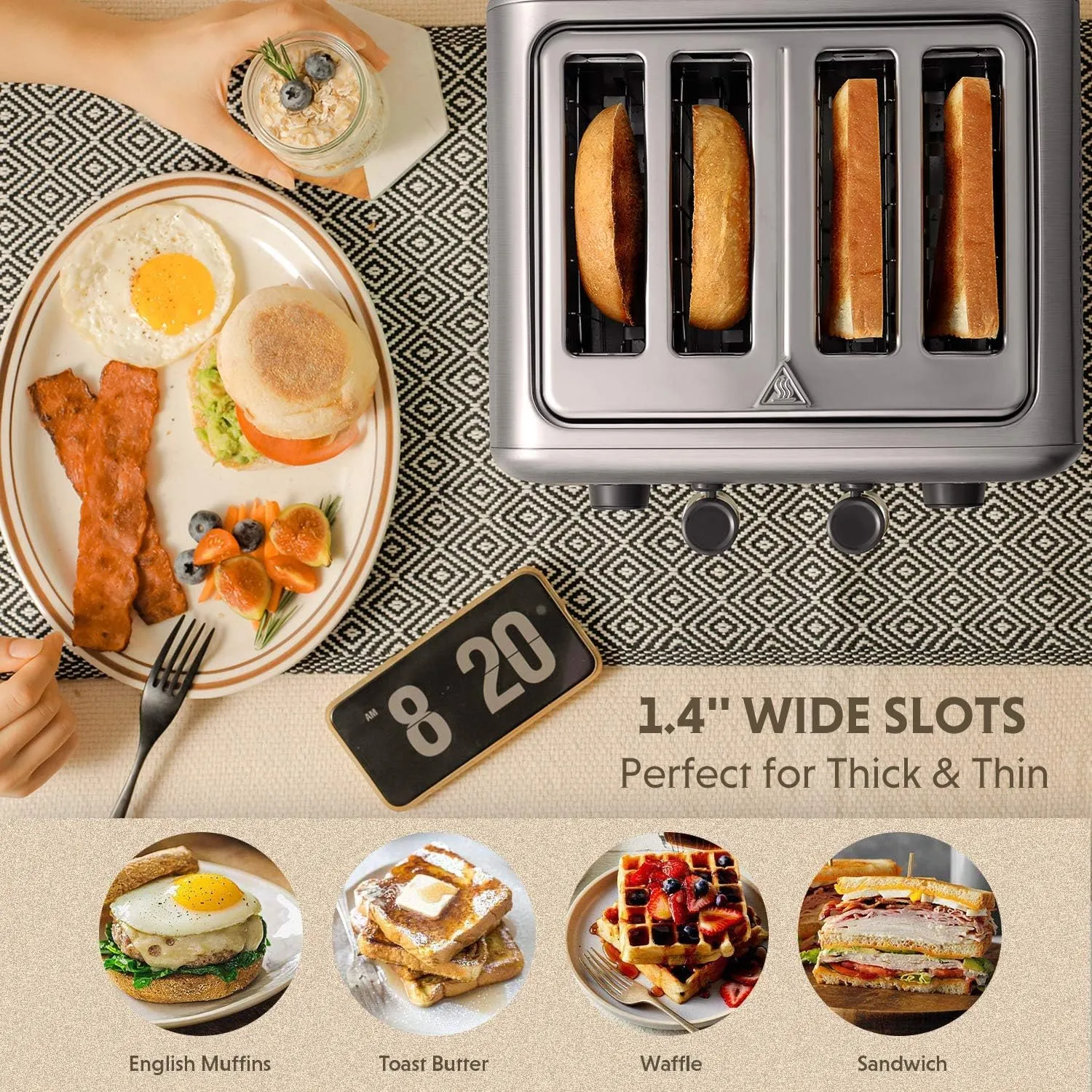BUYDEEM DT640 4-Slice Toaster, Extra Wide Slots, Retro Stainless Steel with High Lift Lever, Bagel and Muffin Function, Removal Crumb Tray, 7-Shade Settings,Stainless Steel