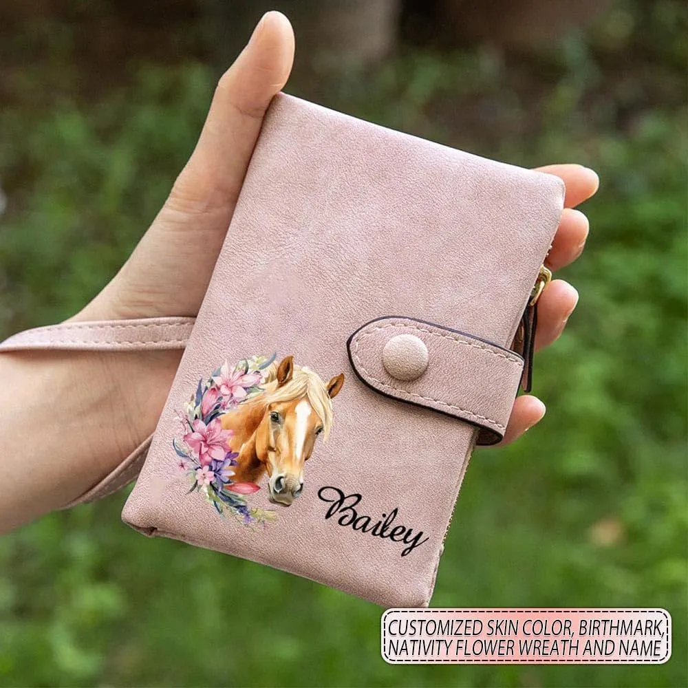 callie Personalized Horse Wallet for Women, Custom Leather Tri-Fold Purse with Horse Birth Mark & Birth Flower & Name, Gifts for Horse Lovers