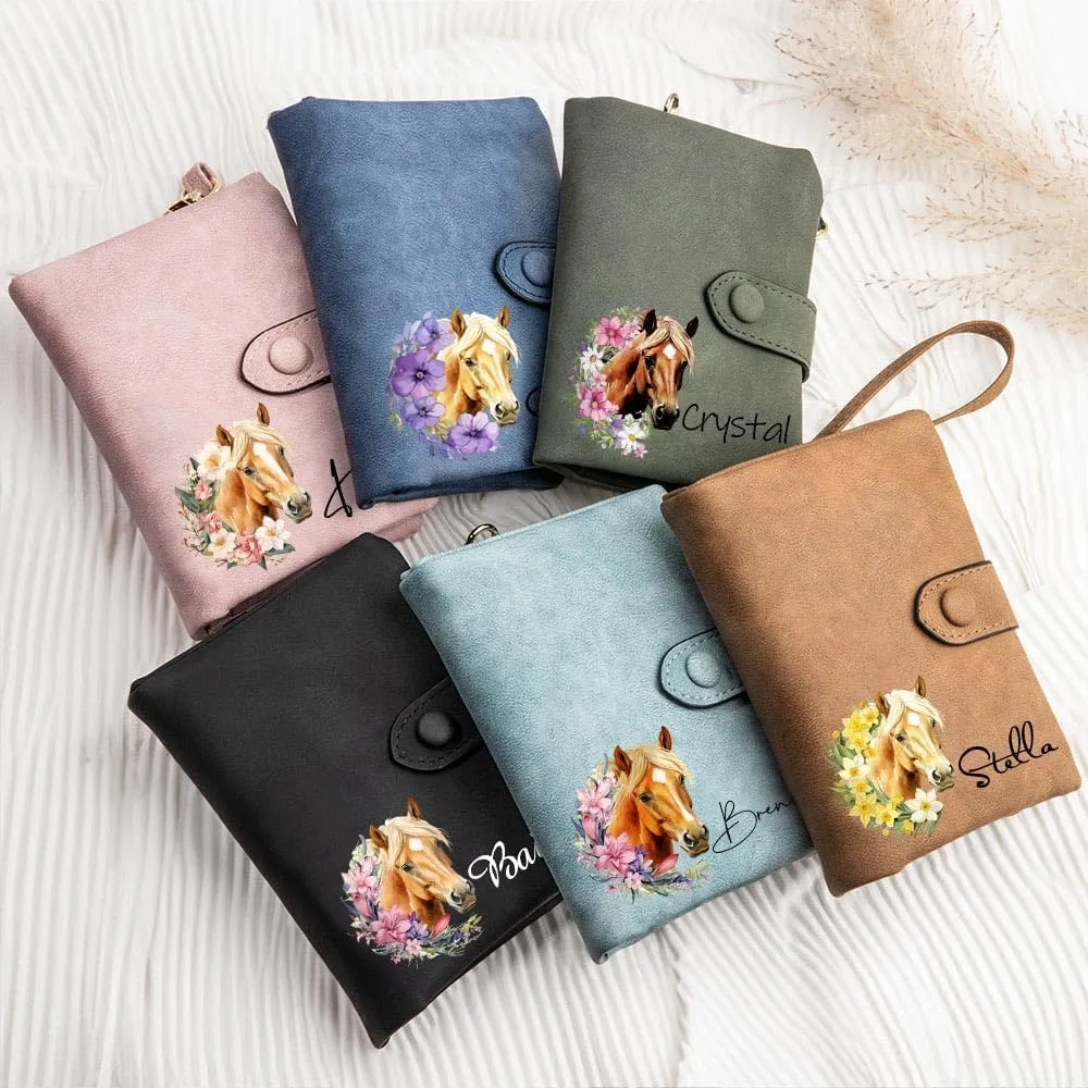 callie Personalized Horse Wallet for Women, Custom Leather Tri-Fold Purse with Horse Birth Mark & Birth Flower & Name, Gifts for Horse Lovers