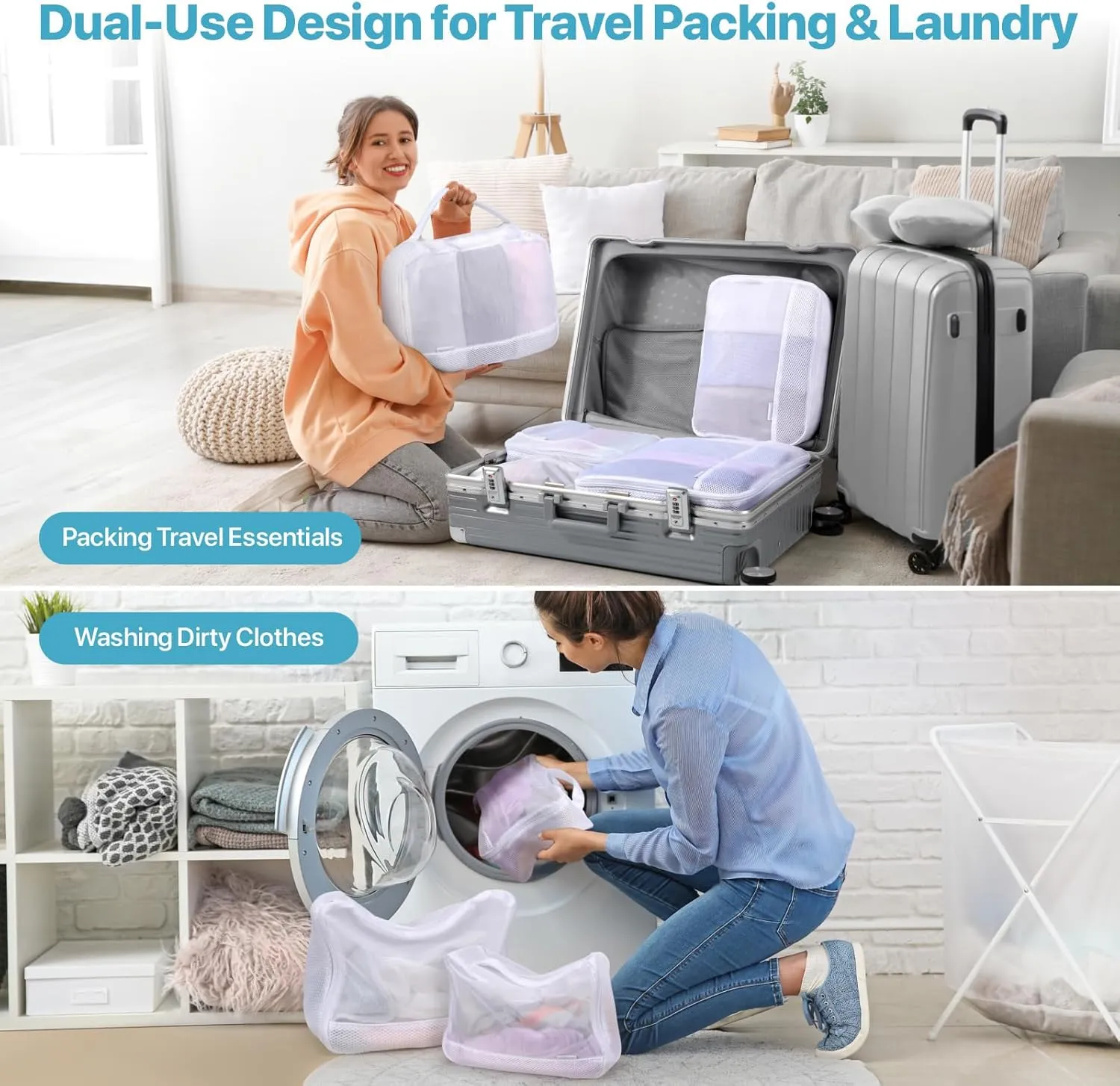 Cambond Dual-Use Mesh Packing Cubes Laundry Bag - See Through Packing Cubes for Travel, Lightweight Machine Washable Mesh Laundry Bags Wash Bags with Handle, Travel Bags Luggage Suitcase Organizer