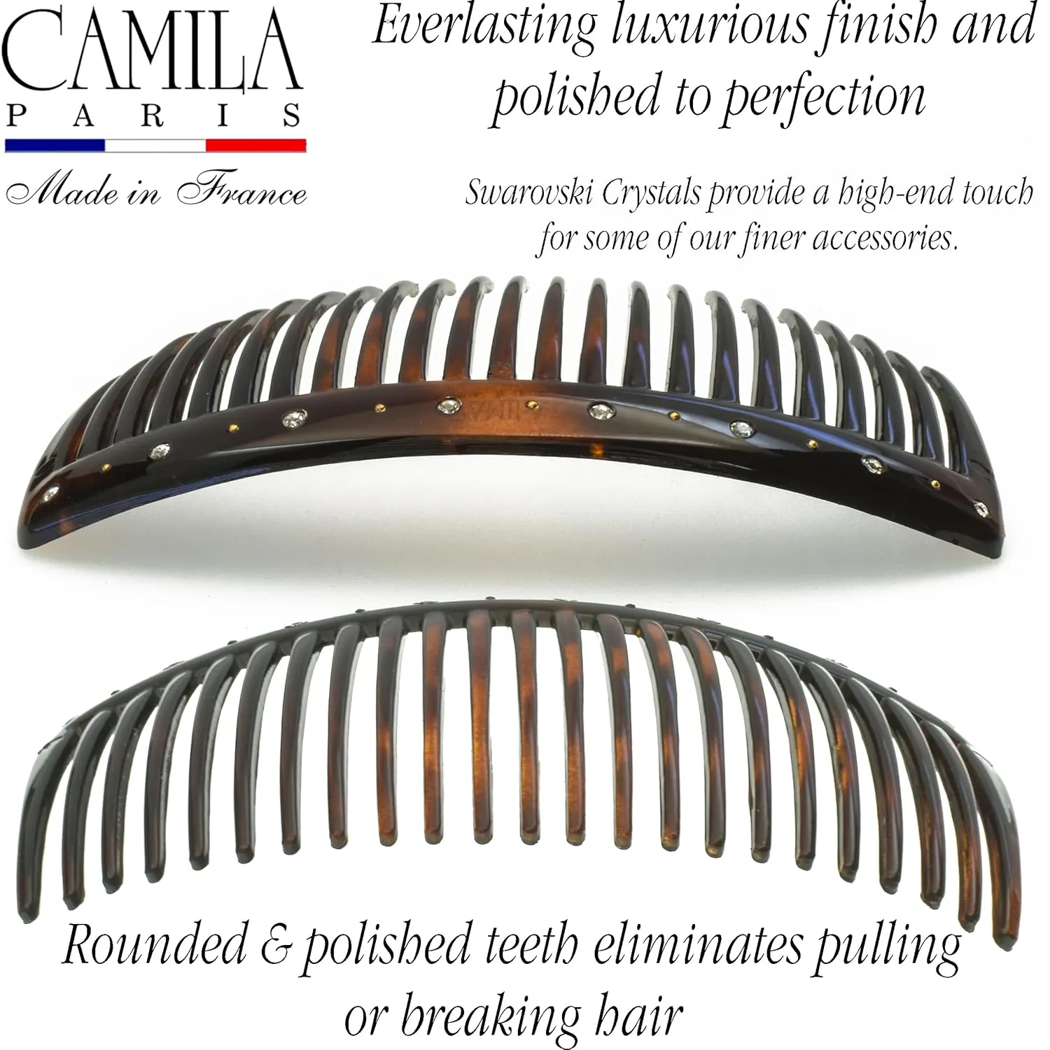 Camila Paris AD66S French Side Comb Large Curved Tortoiseshell Crystals Hair Combs for Women Fine Hair, Strong Hold Hair Comb for Women Bun Chignon Up-Do Styling Girls Hair Accessories, Made in France