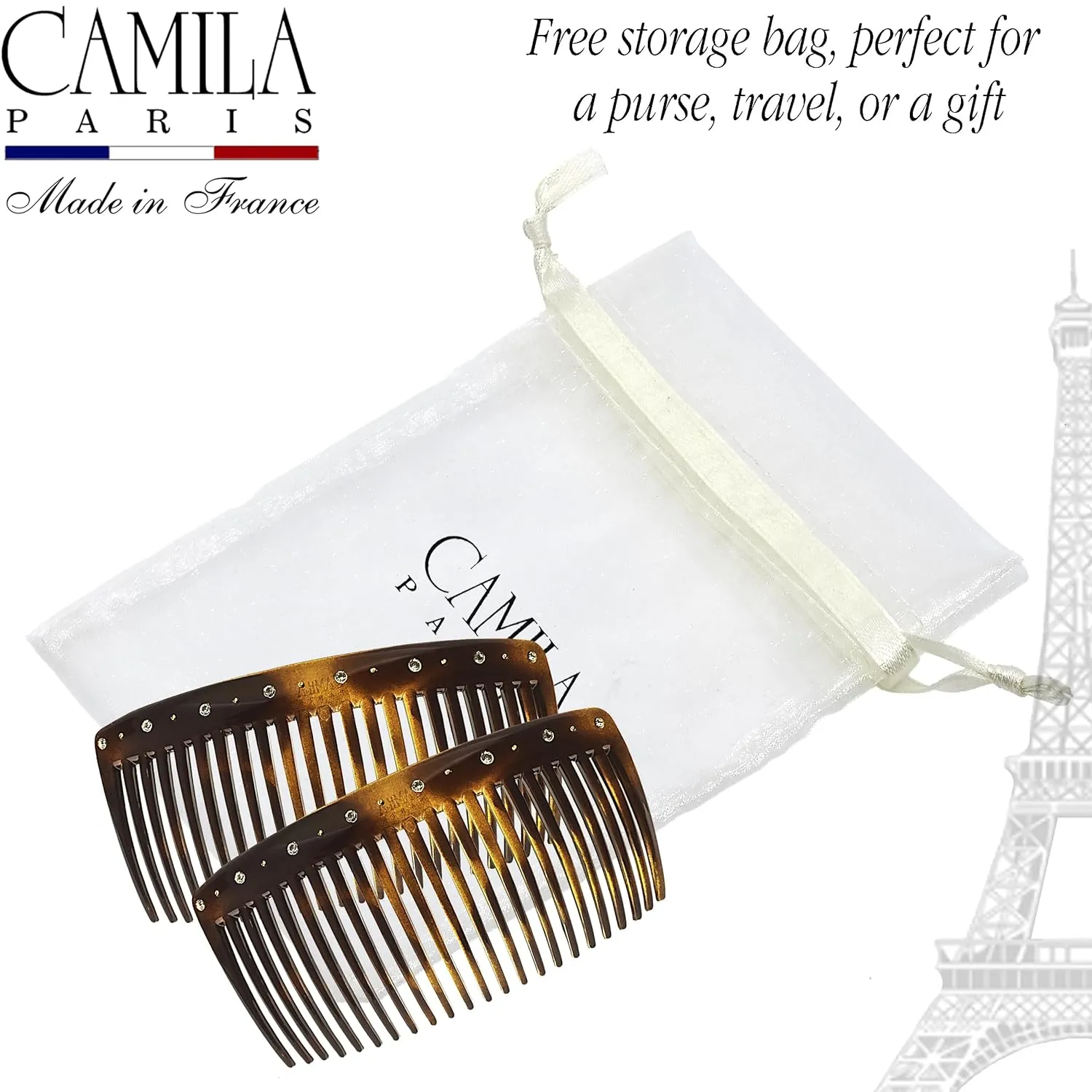 Camila Paris AD66S French Side Comb Large Curved Tortoiseshell Crystals Hair Combs for Women Fine Hair, Strong Hold Hair Comb for Women Bun Chignon Up-Do Styling Girls Hair Accessories, Made in France