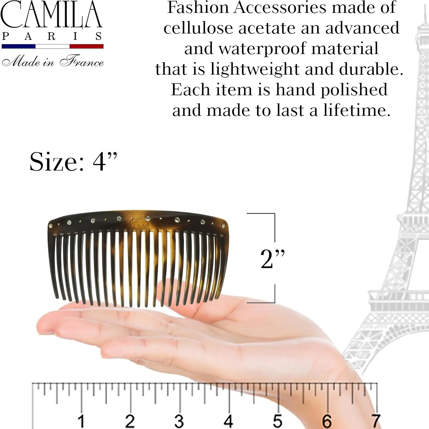 Camila Paris AD66S French Side Comb Large Curved Tortoiseshell Crystals Hair Combs for Women Fine Hair, Strong Hold Hair Comb for Women Bun Chignon Up-Do Styling Girls Hair Accessories, Made in France