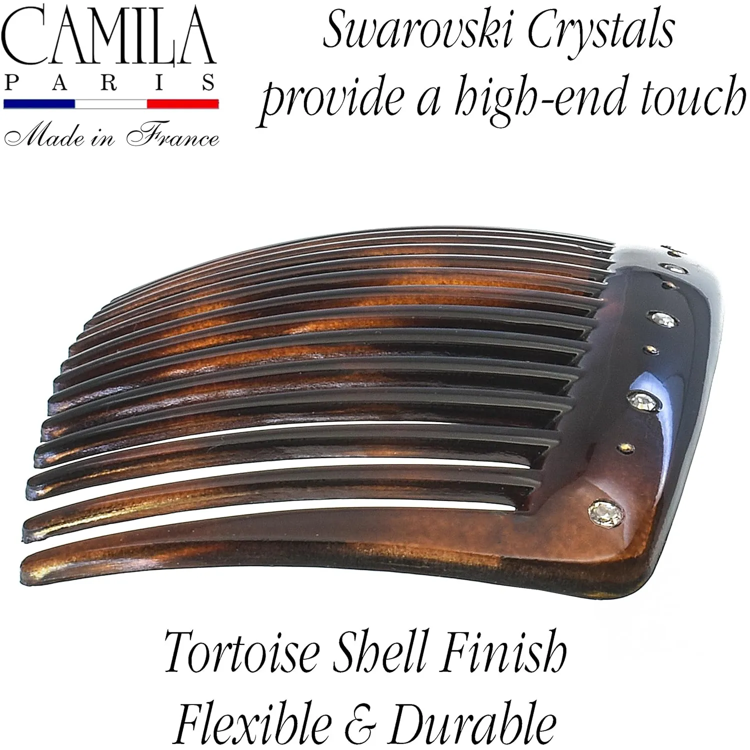 Camila Paris AD66S French Side Comb Large Curved Tortoiseshell Crystals Hair Combs for Women Fine Hair, Strong Hold Hair Comb for Women Bun Chignon Up-Do Styling Girls Hair Accessories, Made in France