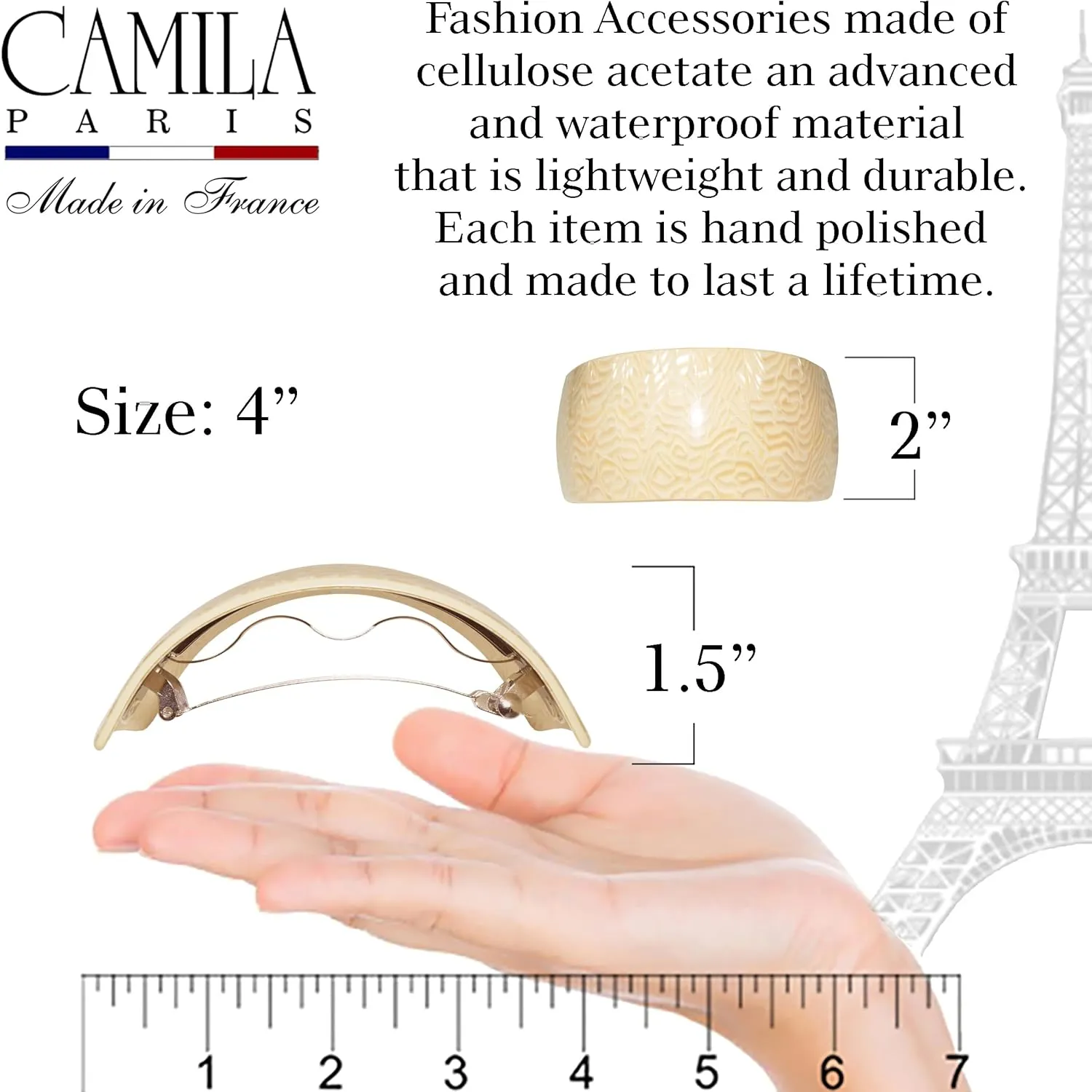 Camila Paris CP3621 French Hair Barrette Clip for Girls for Thick Curly Wavy Long Hair, Strong Hold Grip Hair Clips for Women, Automatic, No Slip Styling Girls Hair Accessories, Handmade in France