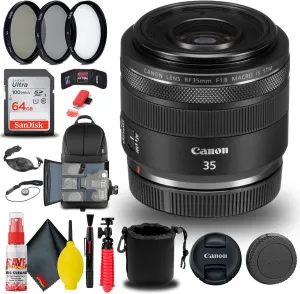 Canon RF 35mm f/1.8 is Macro STM Lens (2973C002)   Filter Kit   Backpack   64GB Card   Lens Pouch   Card Reader   Flex Tripod   Memory Wallet   Cap Keeper   Cleaning Kit   Hand Strap   More (Renewed)