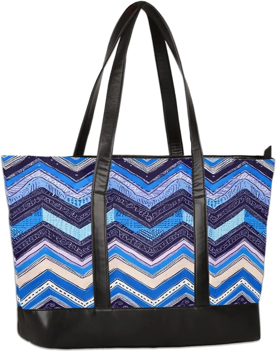 Canvas Laptop Tote Bag for Women Cherry Blossom Pink Blue 15.6 Inch Large Capacity Computer Bag
