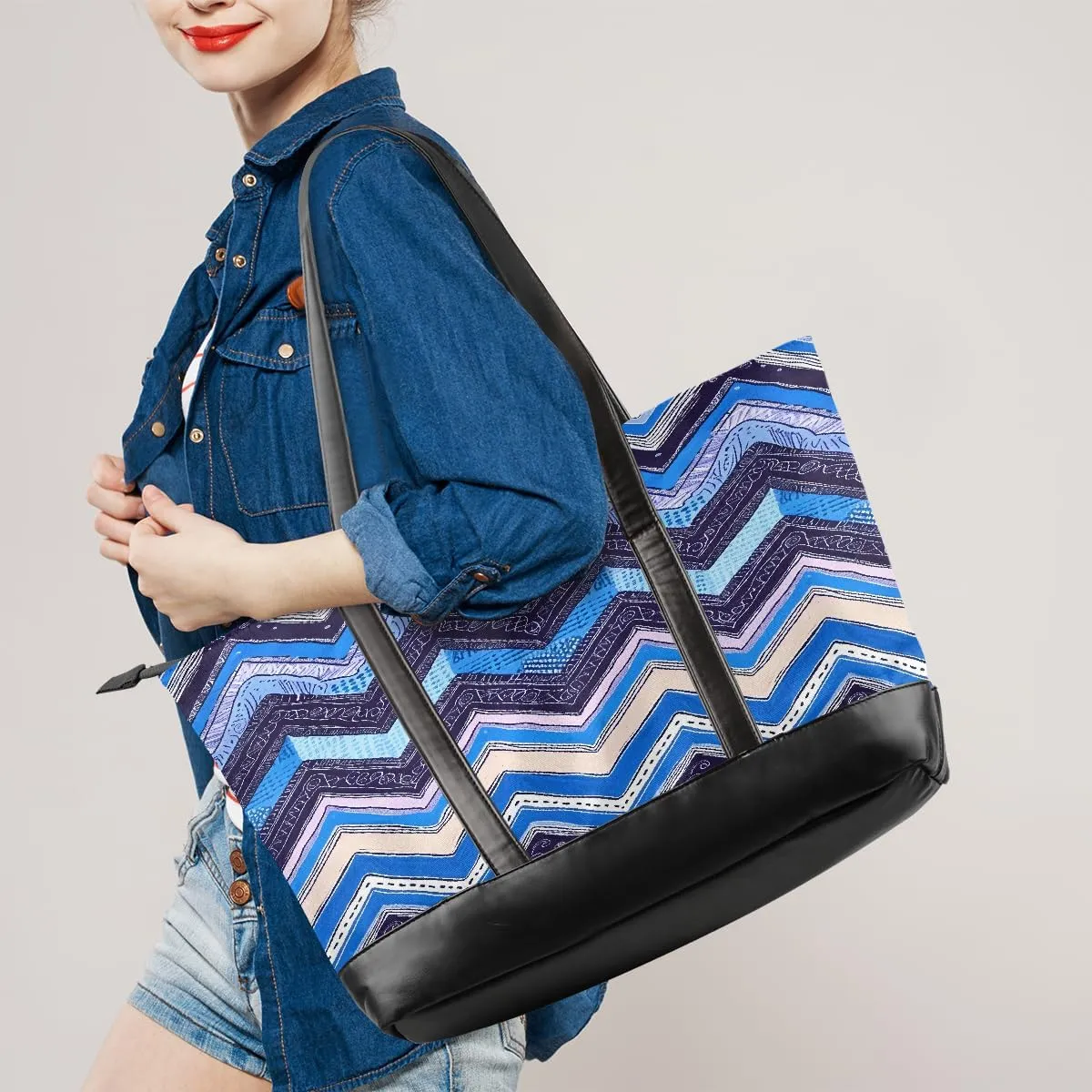 Canvas Laptop Tote Bag for Women Cherry Blossom Pink Blue 15.6 Inch Large Capacity Computer Bag