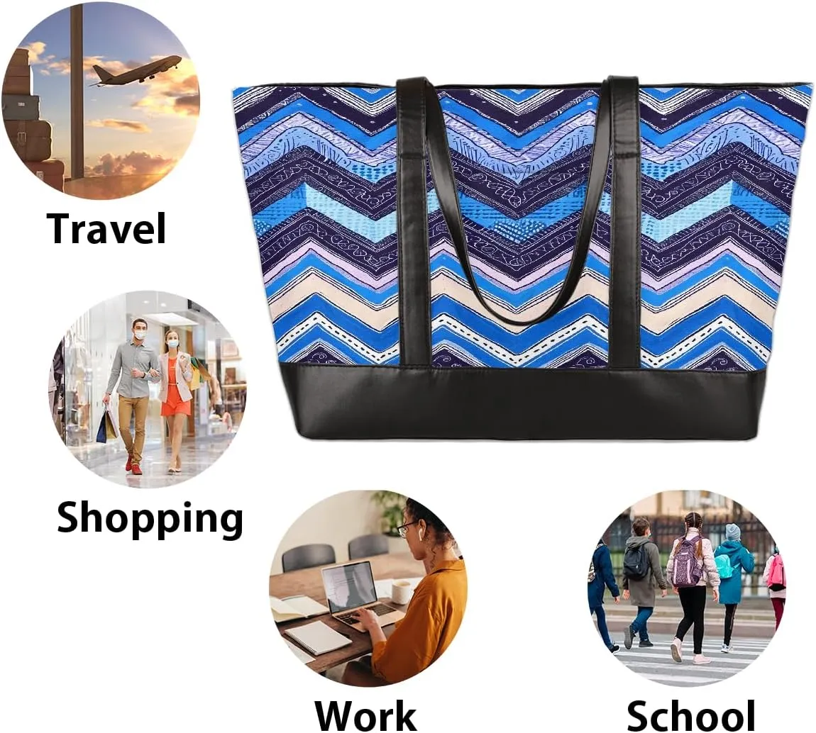 Canvas Laptop Tote Bag for Women Cherry Blossom Pink Blue 15.6 Inch Large Capacity Computer Bag