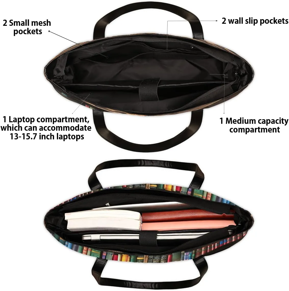 Canvas Laptop Tote Bag for Women Education Book Bookshelf Retro 15.6 Inch Large Capacity Computer Bag