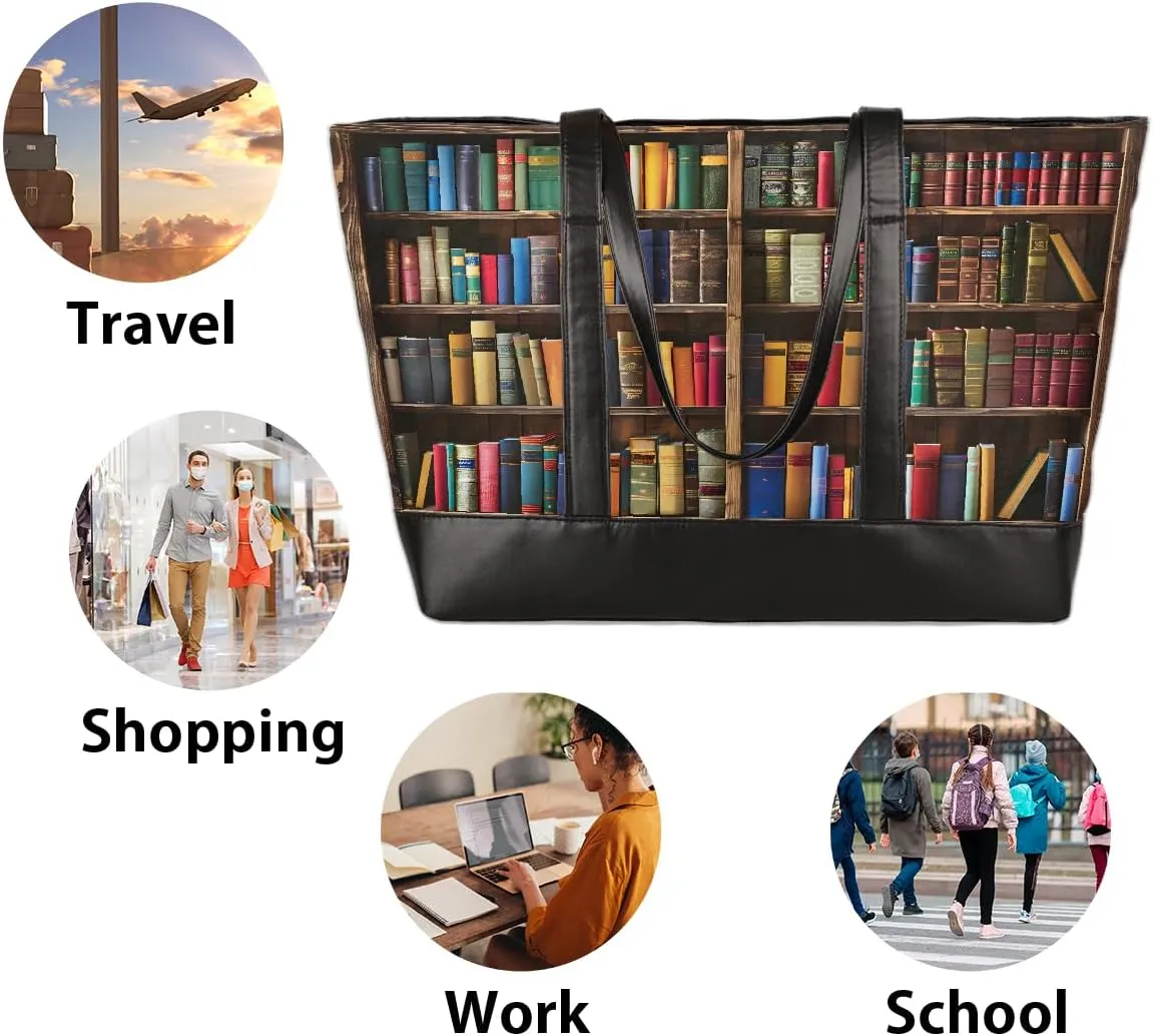 Canvas Laptop Tote Bag for Women Education Book Bookshelf Retro 15.6 Inch Large Capacity Computer Bag