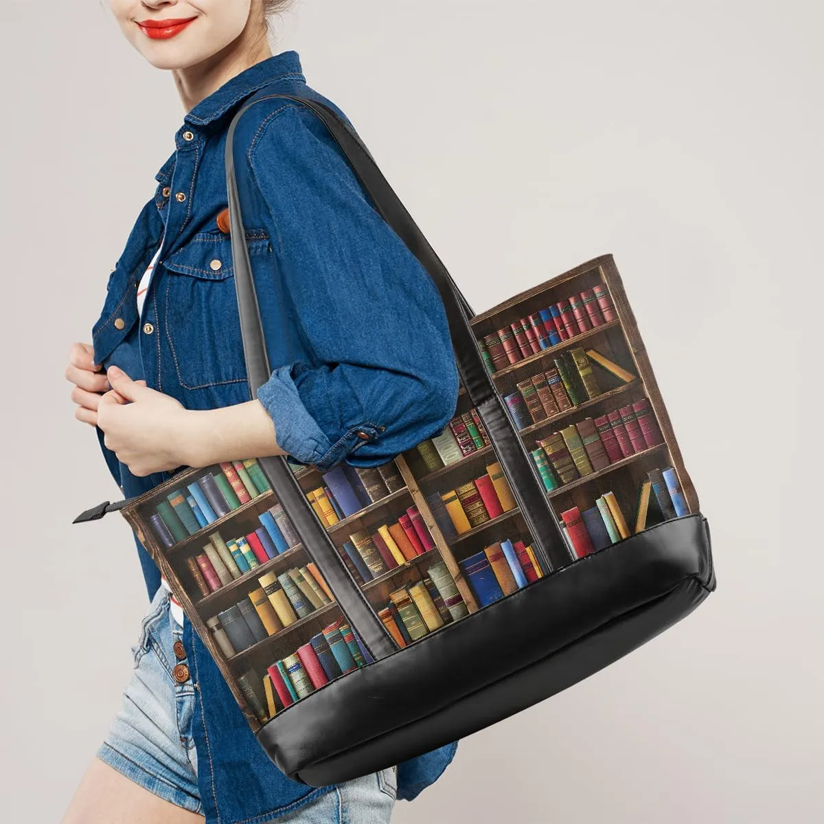 Canvas Laptop Tote Bag for Women Education Book Bookshelf Retro 15.6 Inch Large Capacity Computer Bag