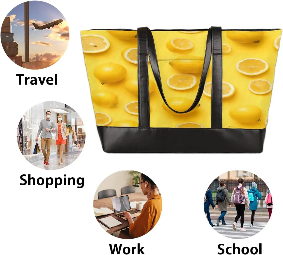 Canvas Laptop Tote Bag for Women Fruit Lemon Yellow Realistic 15.6 Inch Large Capacity Computer Bag