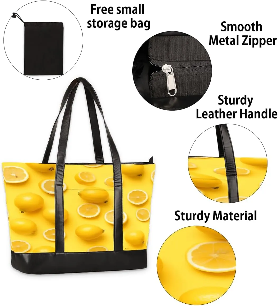 Canvas Laptop Tote Bag for Women Fruit Lemon Yellow Realistic 15.6 Inch Large Capacity Computer Bag