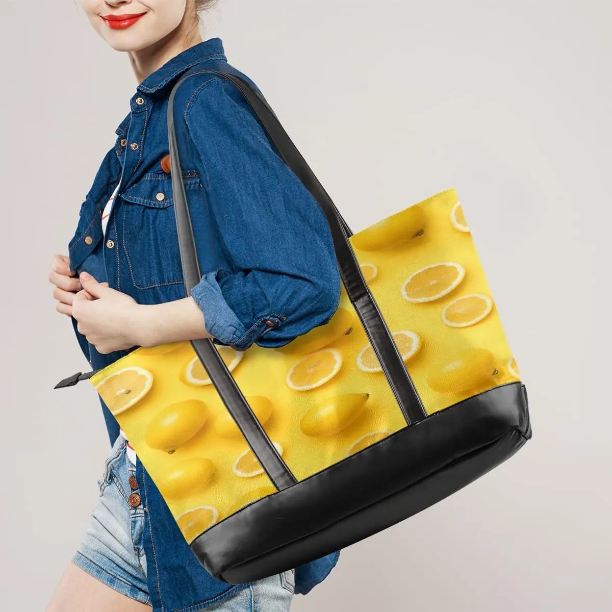 Canvas Laptop Tote Bag for Women Fruit Lemon Yellow Realistic 15.6 Inch Large Capacity Computer Bag