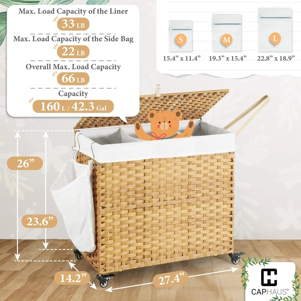 CAPHAUS Laundry Basket w/Wheels, Synthetic Rattan Laundry Hamper w/Lid, Removable Liner Bags, Mesh Bags, Pulling Strap, Clothes Hamper for Laundry, Basket w/Lid for Storage, 160L, Natural
