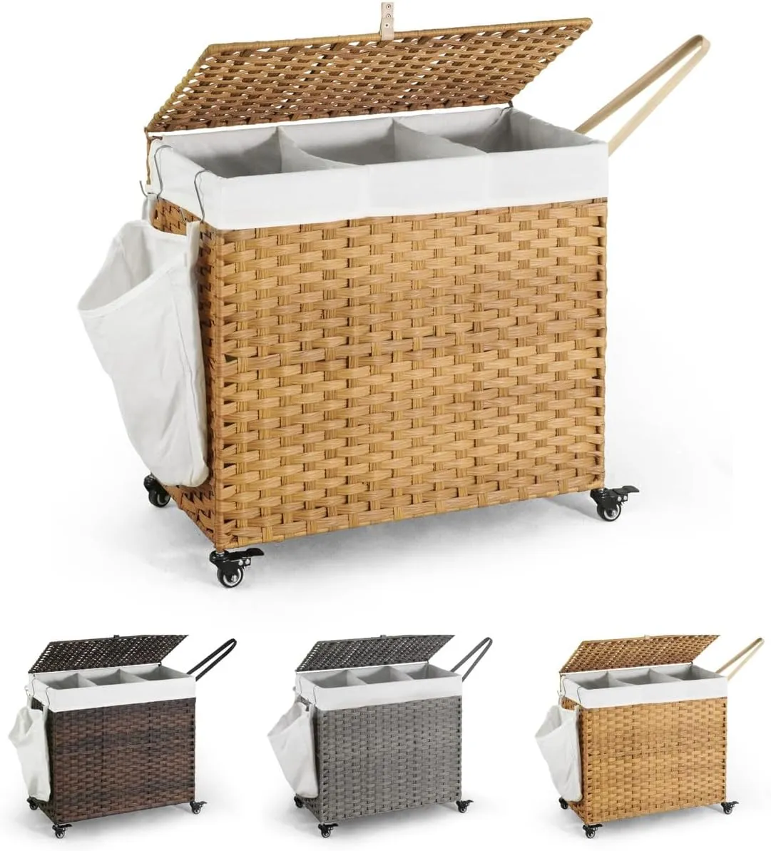 CAPHAUS Laundry Basket w/Wheels, Synthetic Rattan Laundry Hamper w/Lid, Removable Liner Bags, Mesh Bags, Pulling Strap, Clothes Hamper for Laundry, Basket w/Lid for Storage, 160L, Natural