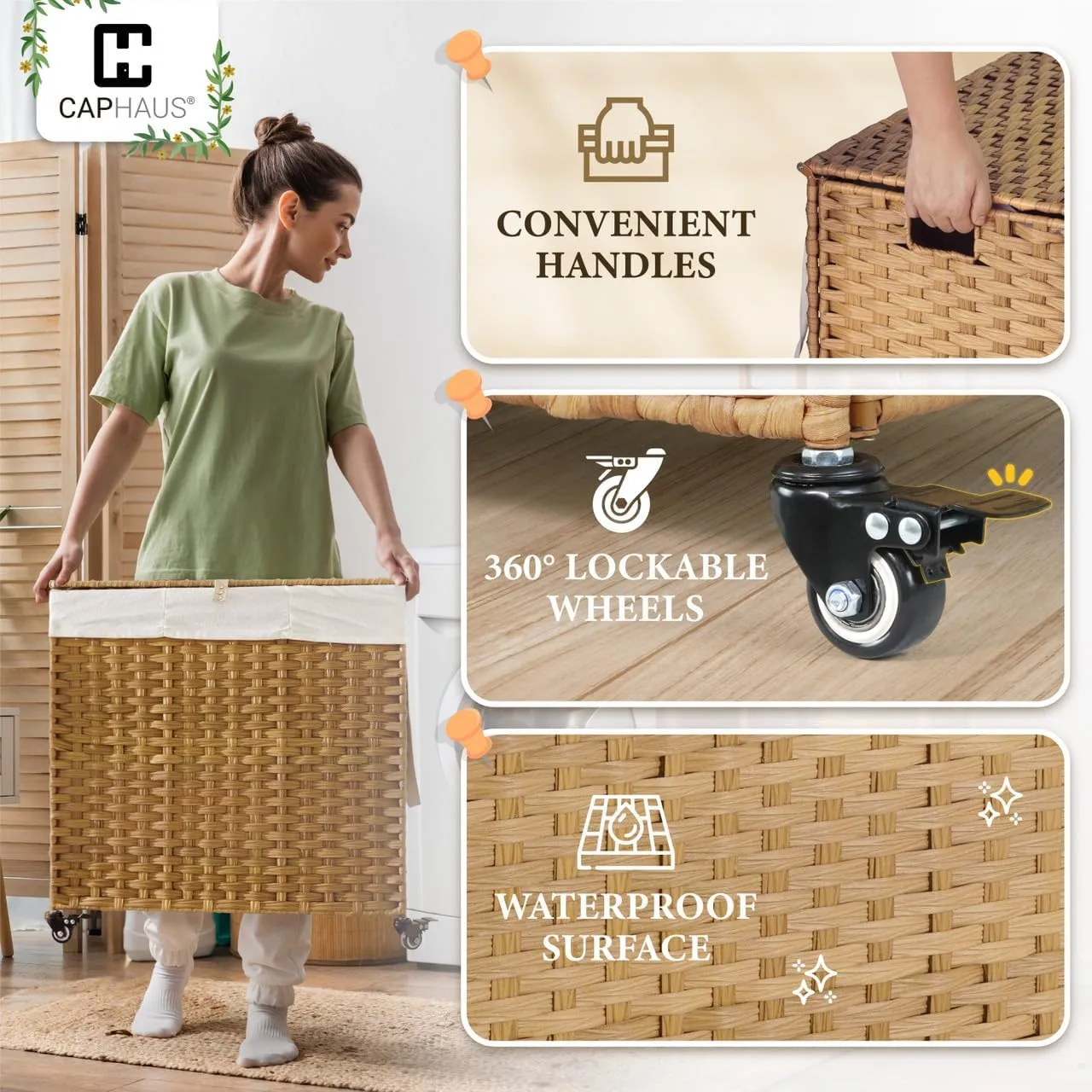 CAPHAUS Laundry Basket w/Wheels, Synthetic Rattan Laundry Hamper w/Lid, Removable Liner Bags, Mesh Bags, Pulling Strap, Clothes Hamper for Laundry, Basket w/Lid for Storage, 160L, Natural
