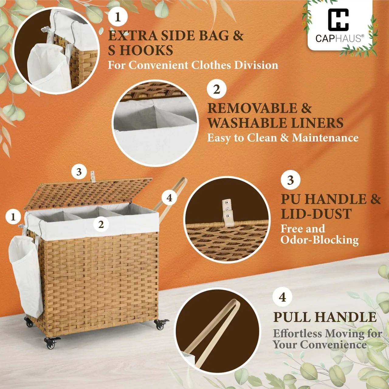 CAPHAUS Laundry Basket w/Wheels, Synthetic Rattan Laundry Hamper w/Lid, Removable Liner Bags, Mesh Bags, Pulling Strap, Clothes Hamper for Laundry, Basket w/Lid for Storage, 160L, Natural