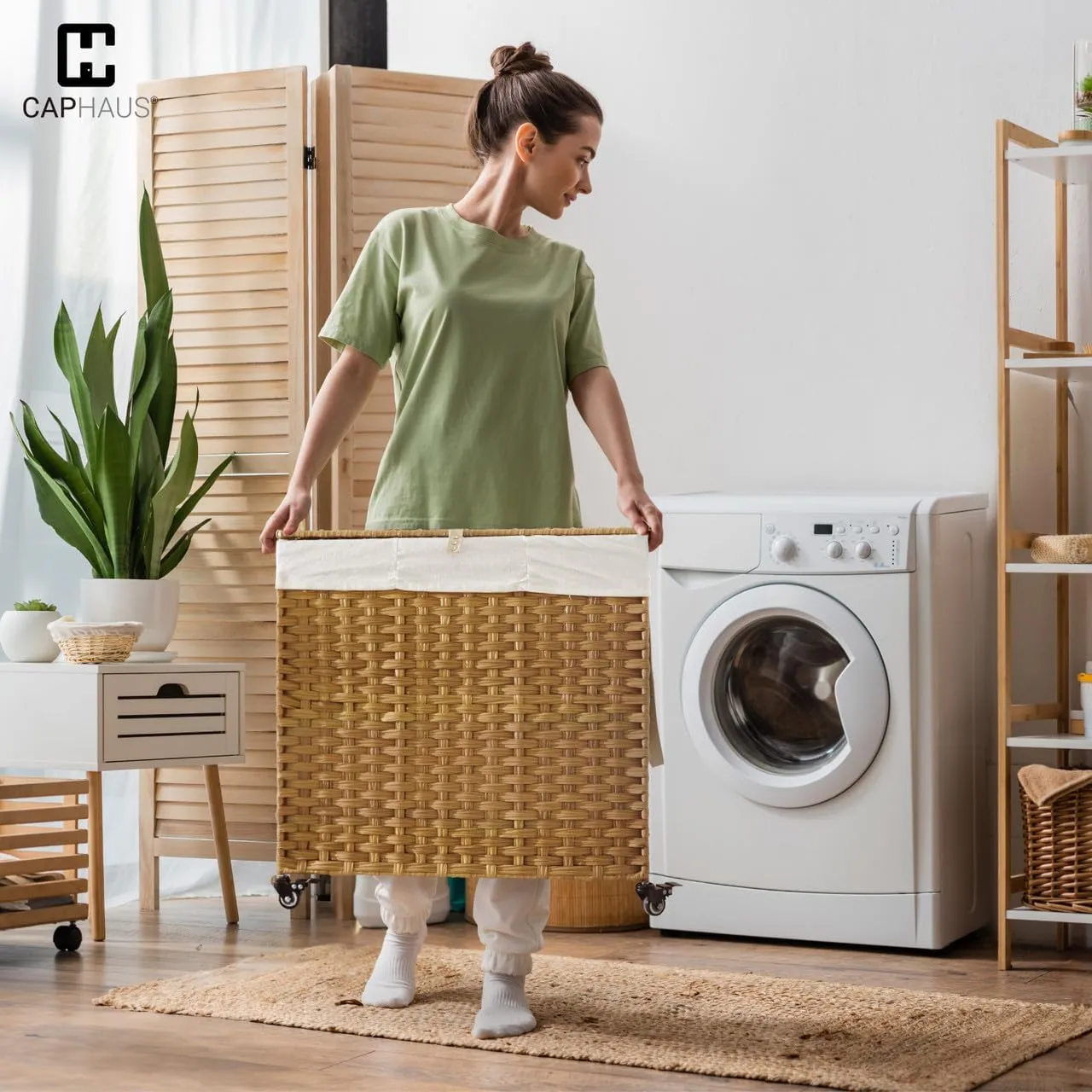CAPHAUS Laundry Basket w/Wheels, Synthetic Rattan Laundry Hamper w/Lid, Removable Liner Bags, Mesh Bags, Pulling Strap, Clothes Hamper for Laundry, Basket w/Lid for Storage, 160L, Natural