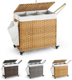 CAPHAUS Laundry Basket w/Wheels, Synthetic Rattan Laundry Hamper w/Lid, Removable Liner Bags, Mesh Bags, Pulling Strap, Clothes Hamper for Laundry, Basket w/Lid for Storage, 160L, Natural