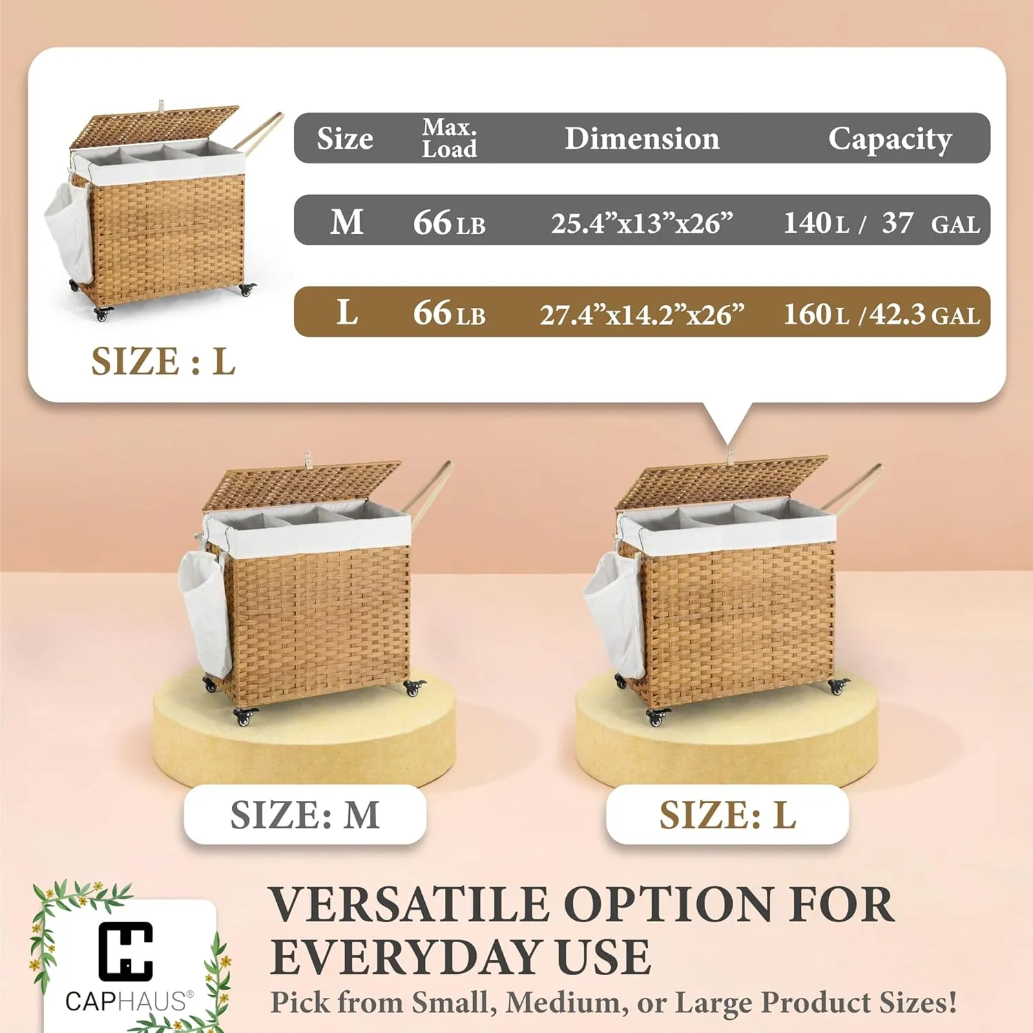 CAPHAUS Laundry Basket w/Wheels, Synthetic Rattan Laundry Hamper w/Lid, Removable Liner Bags, Mesh Bags, Pulling Strap, Clothes Hamper for Laundry, Basket w/Lid for Storage, 160L, Natural