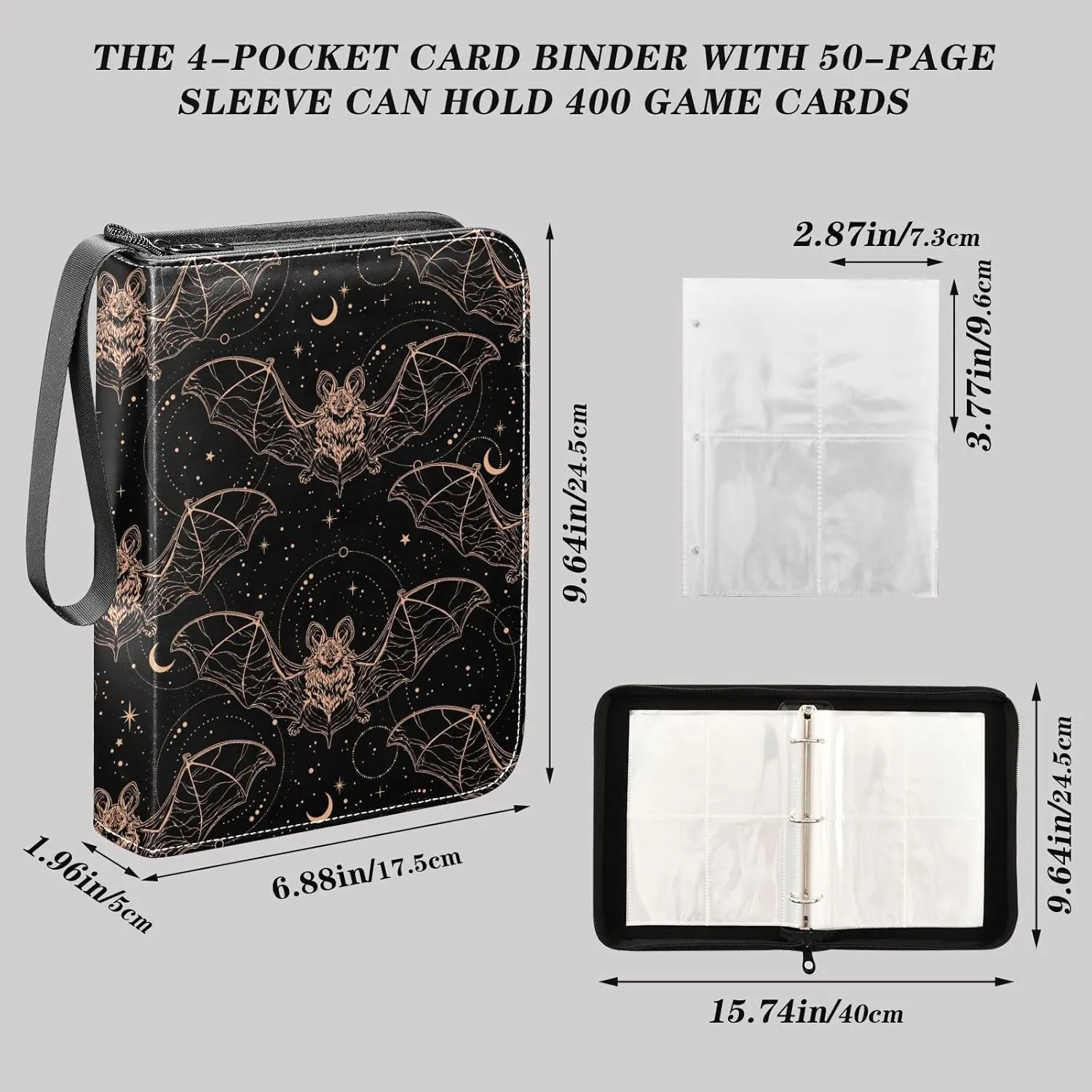 Card Binder 400 Pockets Gothic Bats Moon Trading Card Binder with 50 Removable Pages，3 Rings Trading Card 4 Pocket Album Folder for Game Cards TCG