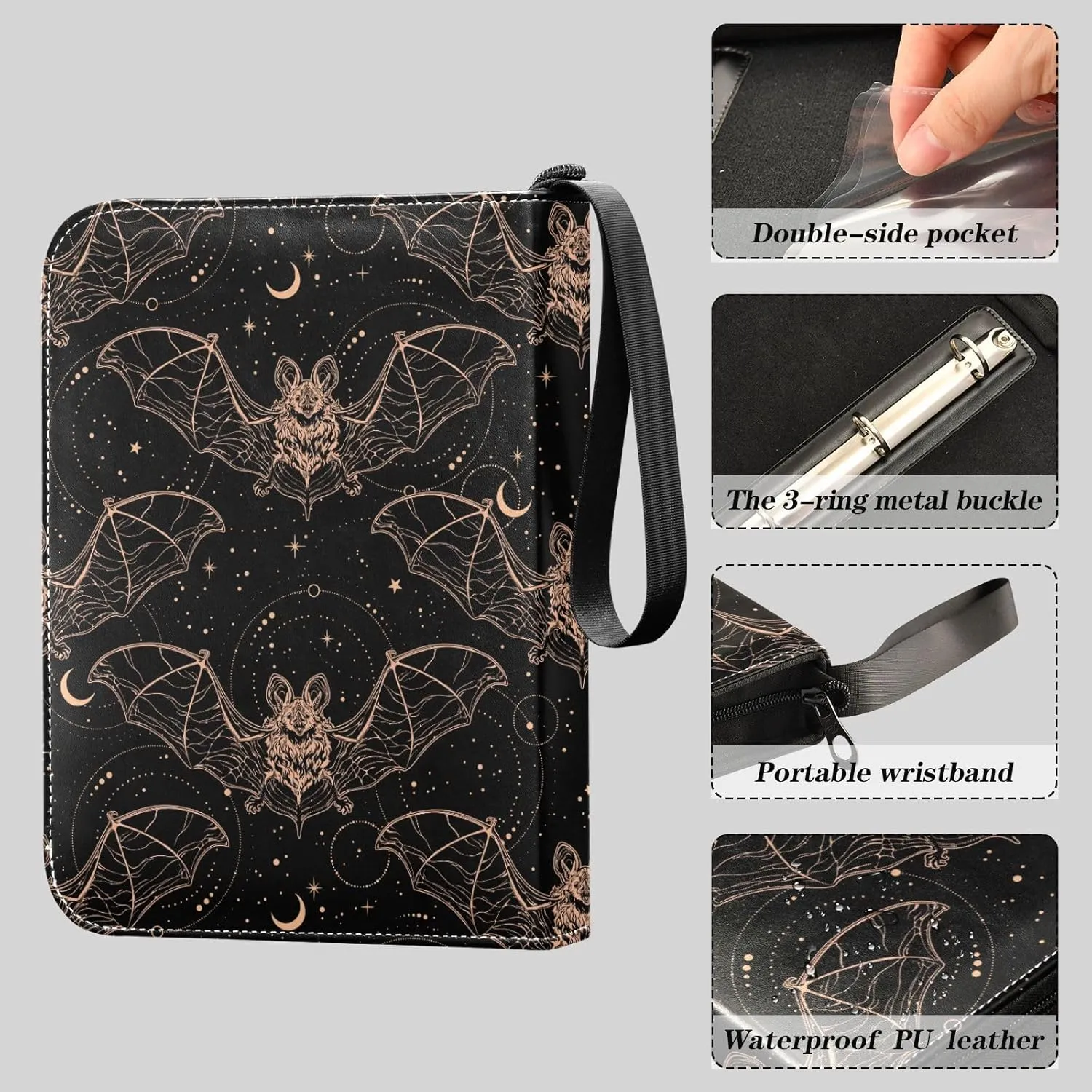 Card Binder 400 Pockets Gothic Bats Moon Trading Card Binder with 50 Removable Pages，3 Rings Trading Card 4 Pocket Album Folder for Game Cards TCG