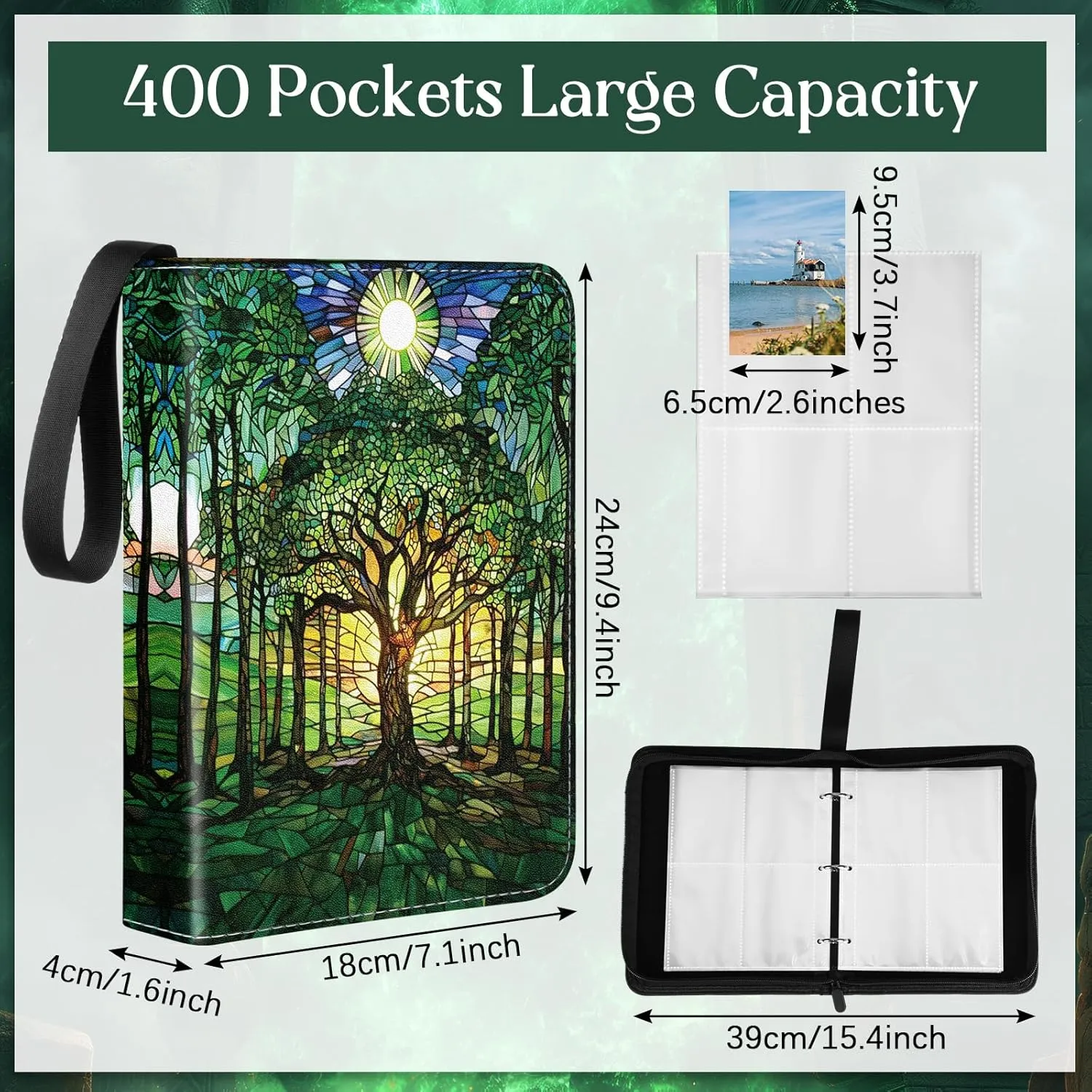 Card Binder 4/9 Pocket PU Waterproof Trading Binder for 400/900 Portable Album Holder with Zipper Wristband Card Organizer Gifts(Forest Style,9.8 x 7.7 x 2 Inch)