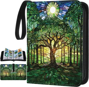 Card Binder 4/9 Pocket PU Waterproof Trading Binder for 400/900 Portable Album Holder with Zipper Wristband Card Organizer Gifts(Forest Style,9.8 x 7.7 x 2 Inch)