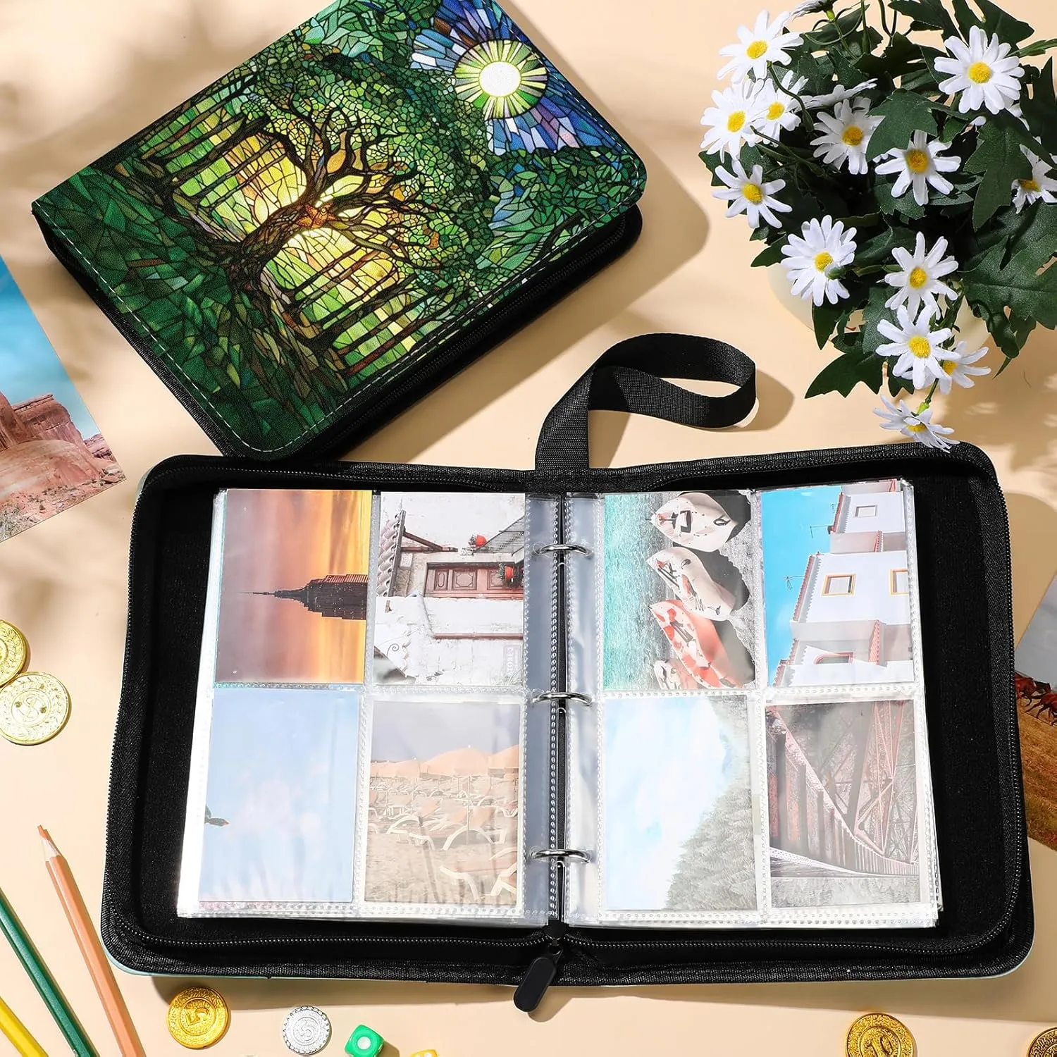 Card Binder 4/9 Pocket PU Waterproof Trading Binder for 400/900 Portable Album Holder with Zipper Wristband Card Organizer Gifts(Forest Style,9.8 x 7.7 x 2 Inch)