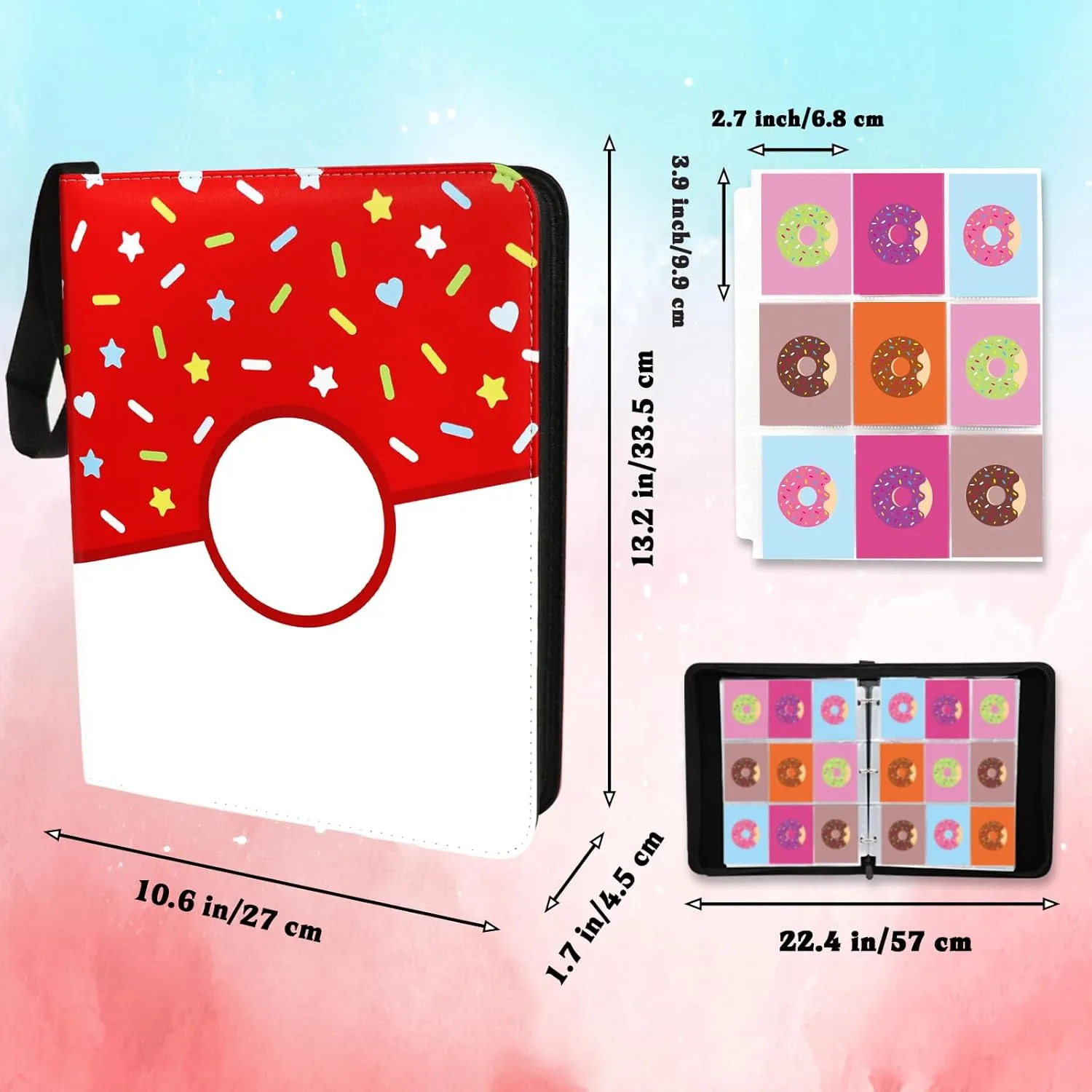Card Binder Donuts Card Holder Album Trading Cards Holder Zipper Binder for Collection (Red Donut, 900 Pocket)