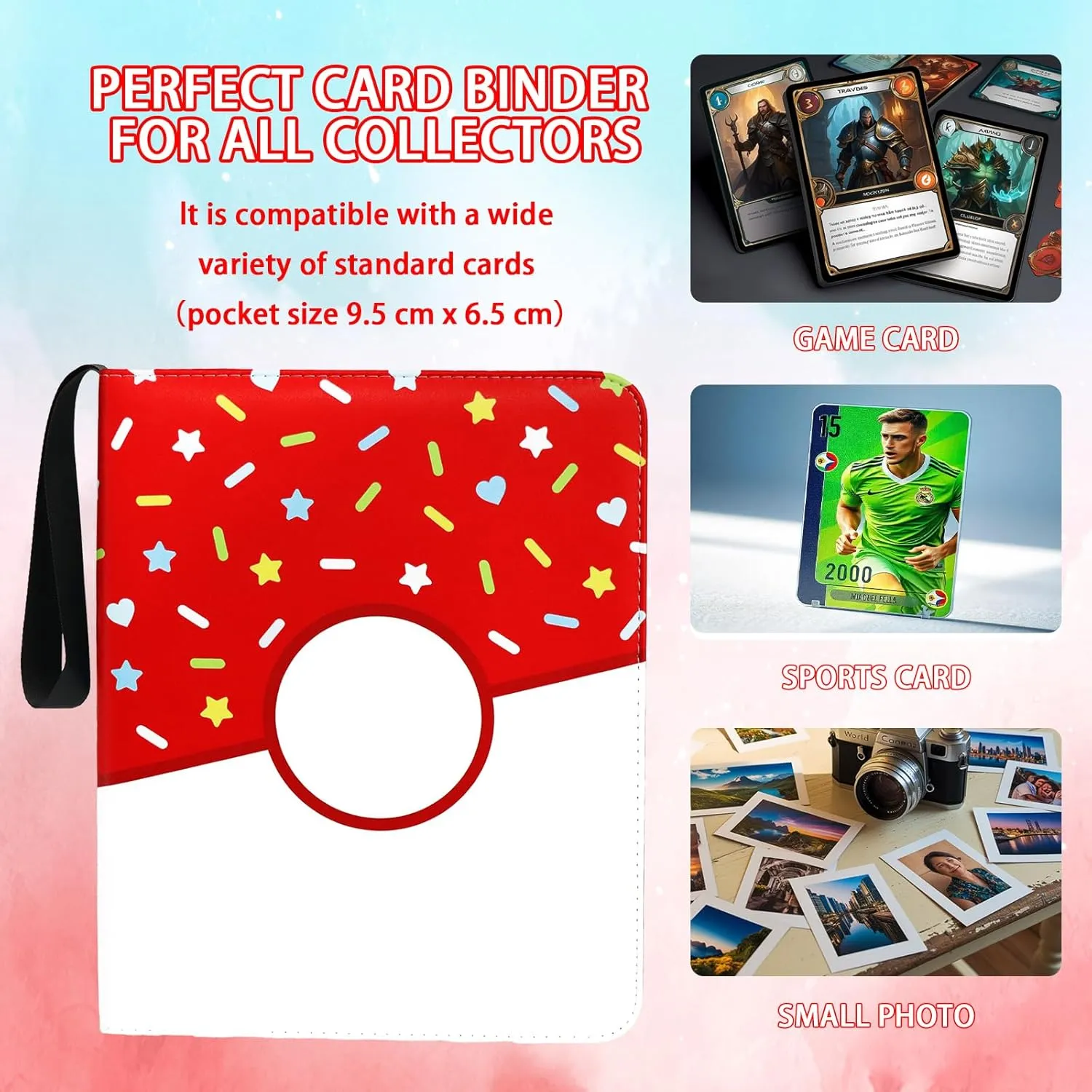 Card Binder Donuts Card Holder Album Trading Cards Holder Zipper Binder for Collection (Red Donut, 900 Pocket)