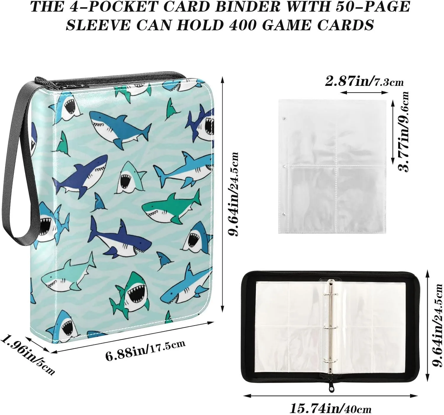 Card Binder Sports Card Binder Trading Card binder 4 Card Binder for Game Cards Sports Cards Photos Shark Fish Big Mouth