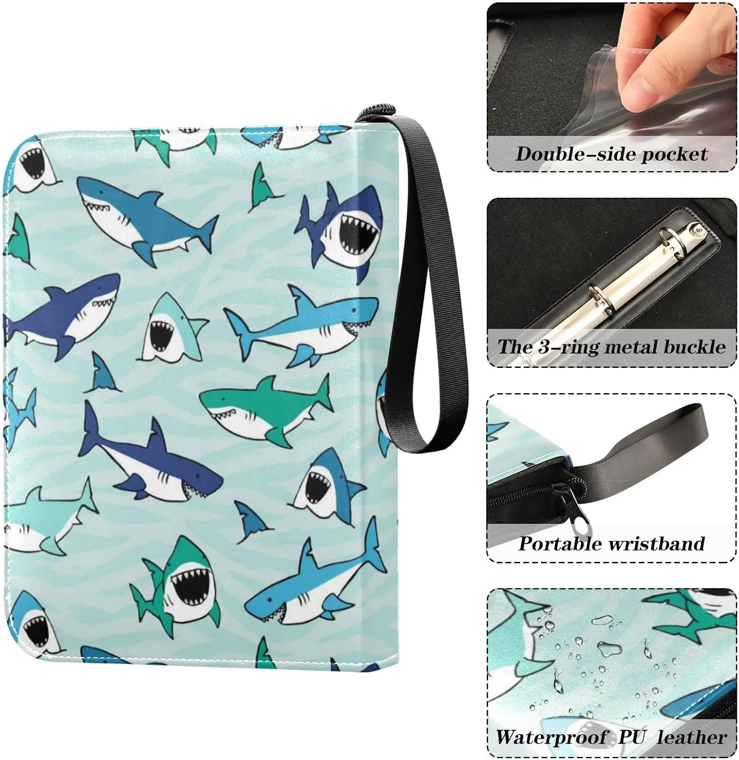 Card Binder Sports Card Binder Trading Card binder 4 Card Binder for Game Cards Sports Cards Photos Shark Fish Big Mouth