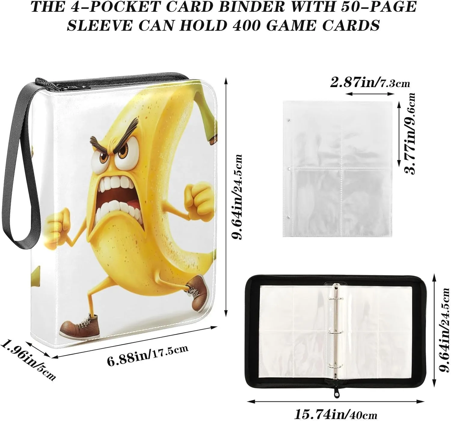 Cartoon Angry Banana Card Organizer Binder 4-Pocket Card Collectors Album Fits 400 Cards for Baseball Card, Football Card