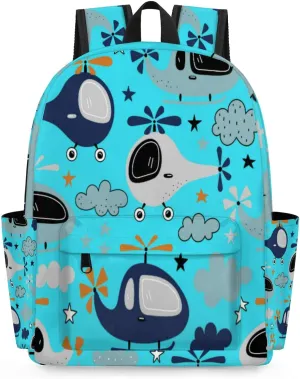 Cartoon Helicopters with Clouds Pattern Kids Backpack, Aqua Blue Background Boys School Travel Backpack