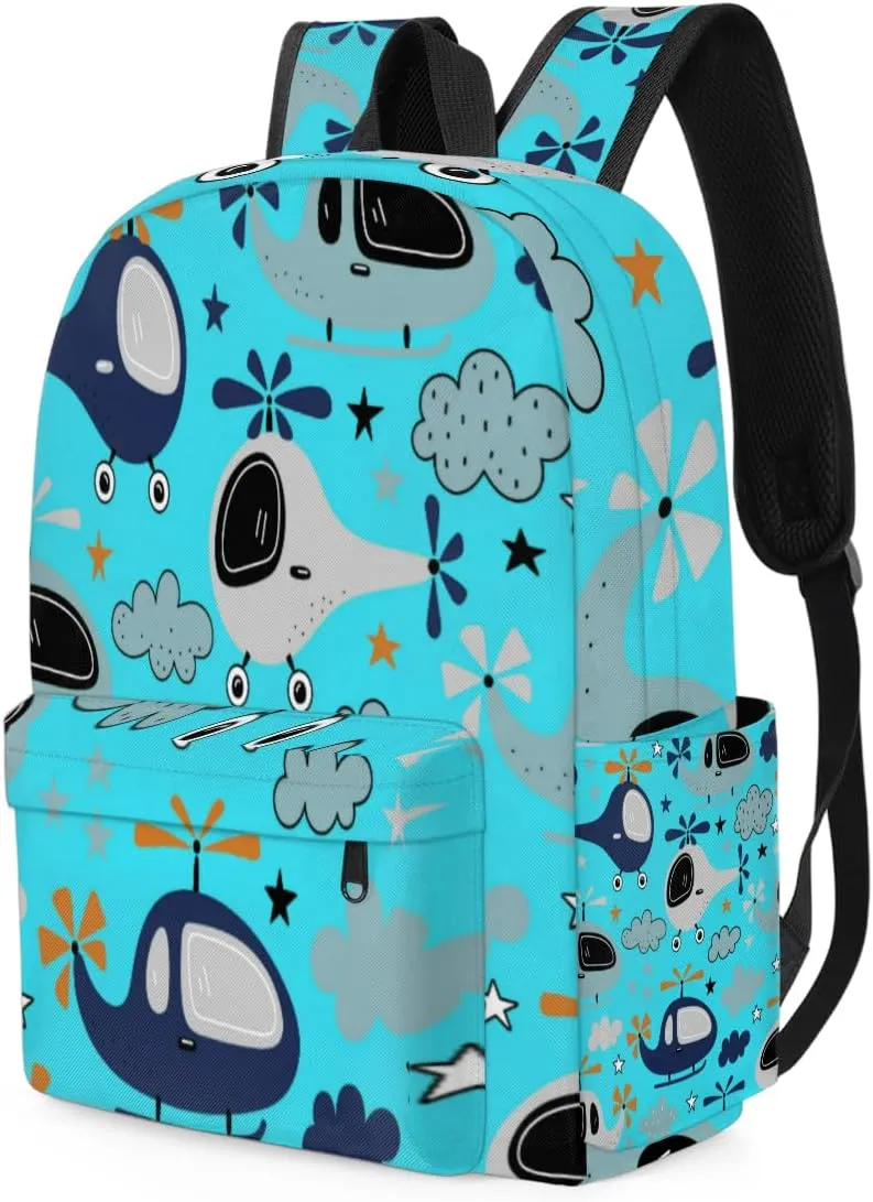 Cartoon Helicopters with Clouds Pattern Kids Backpack, Aqua Blue Background Boys School Travel Backpack