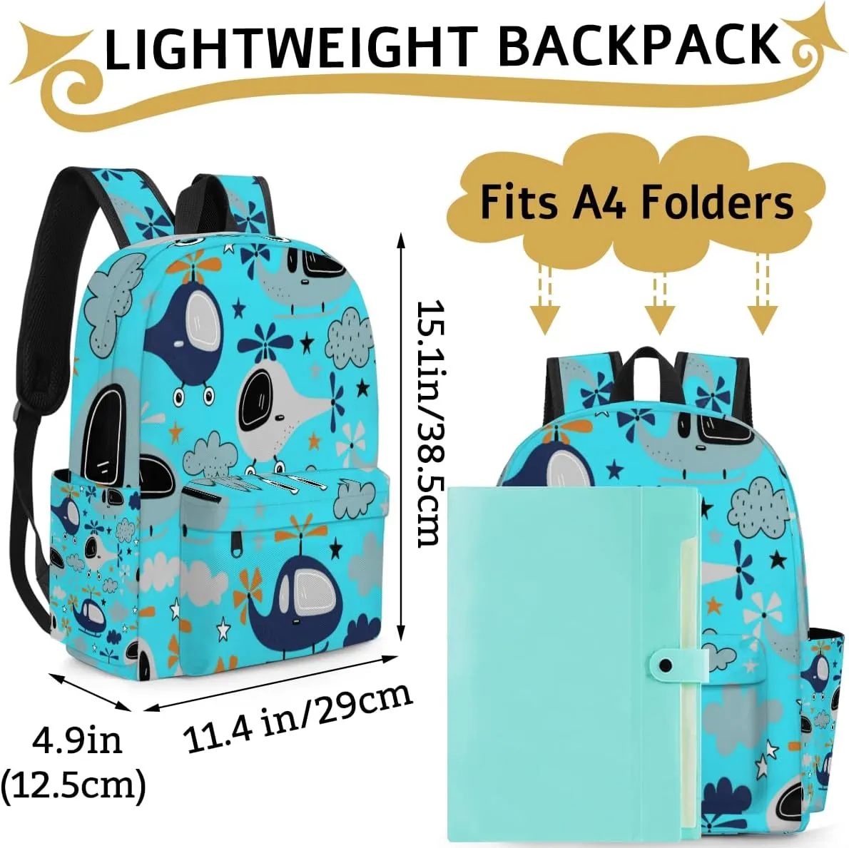 Cartoon Helicopters with Clouds Pattern Kids Backpack, Aqua Blue Background Boys School Travel Backpack