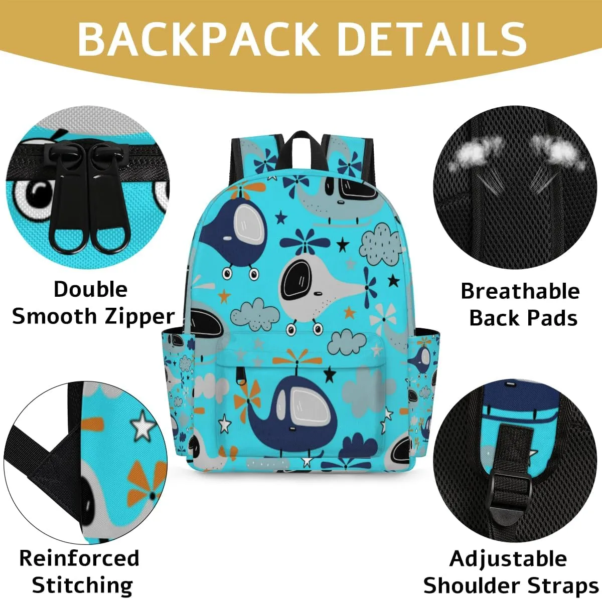Cartoon Helicopters with Clouds Pattern Kids Backpack, Aqua Blue Background Boys School Travel Backpack