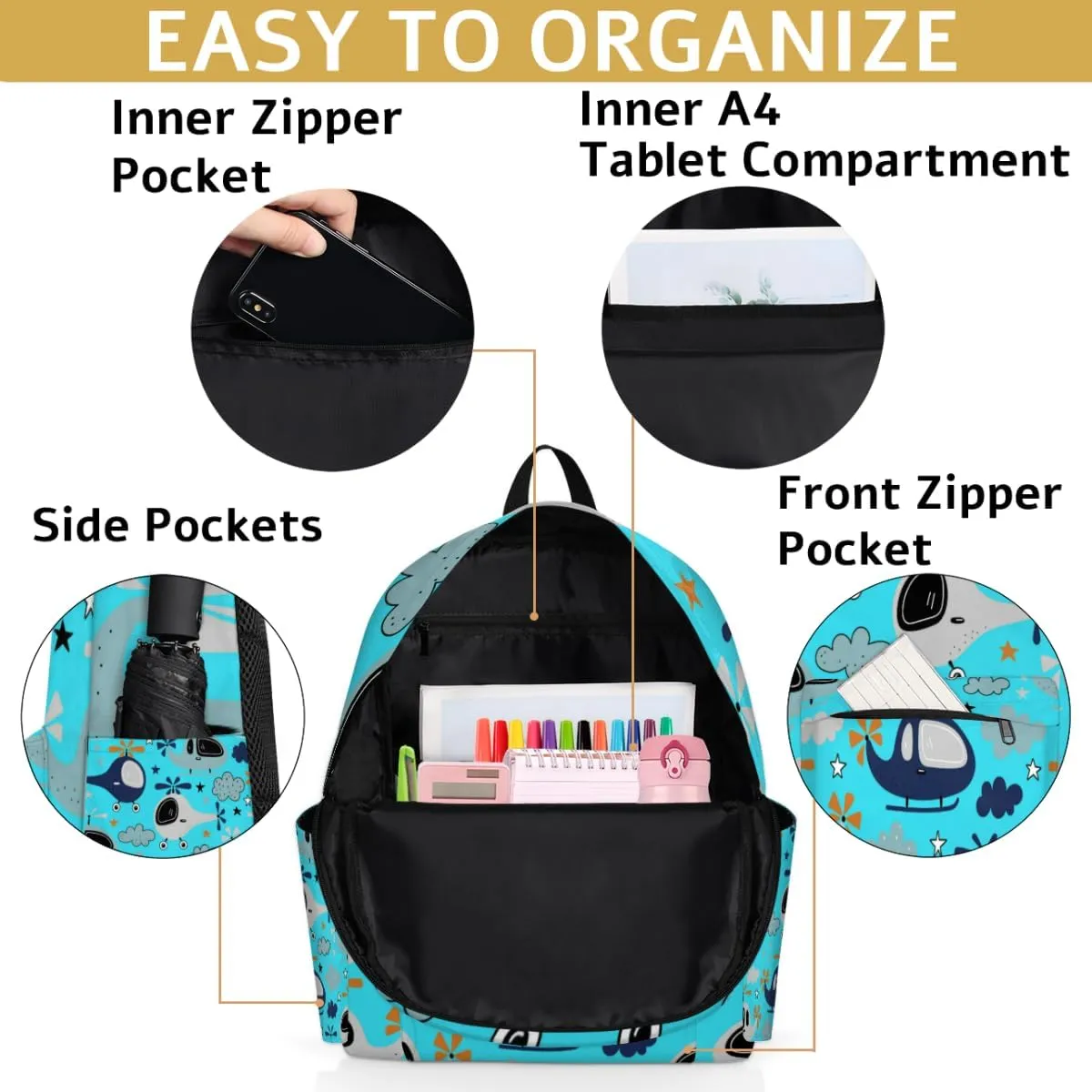 Cartoon Helicopters with Clouds Pattern Kids Backpack, Aqua Blue Background Boys School Travel Backpack
