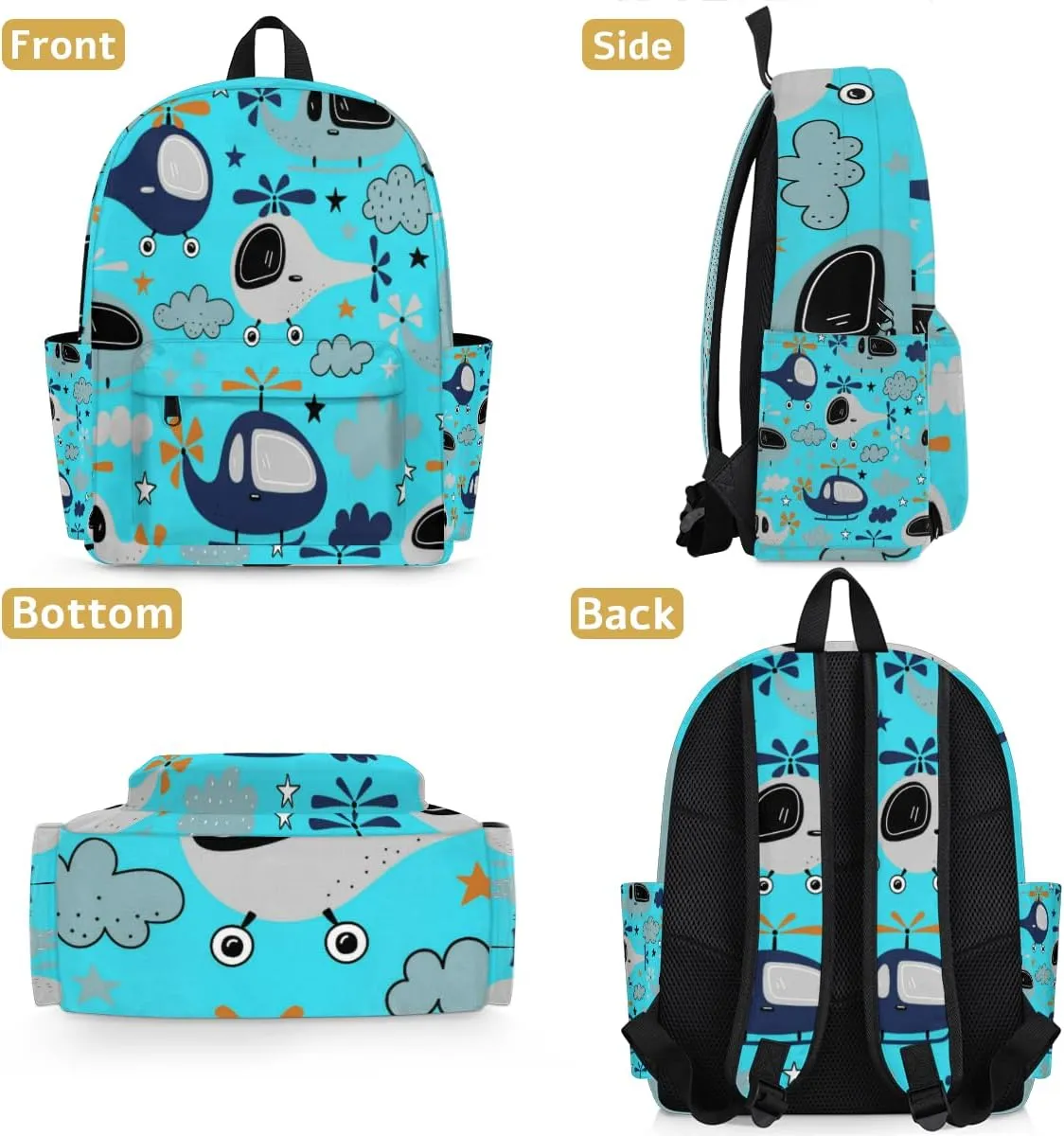 Cartoon Helicopters with Clouds Pattern Kids Backpack, Aqua Blue Background Boys School Travel Backpack