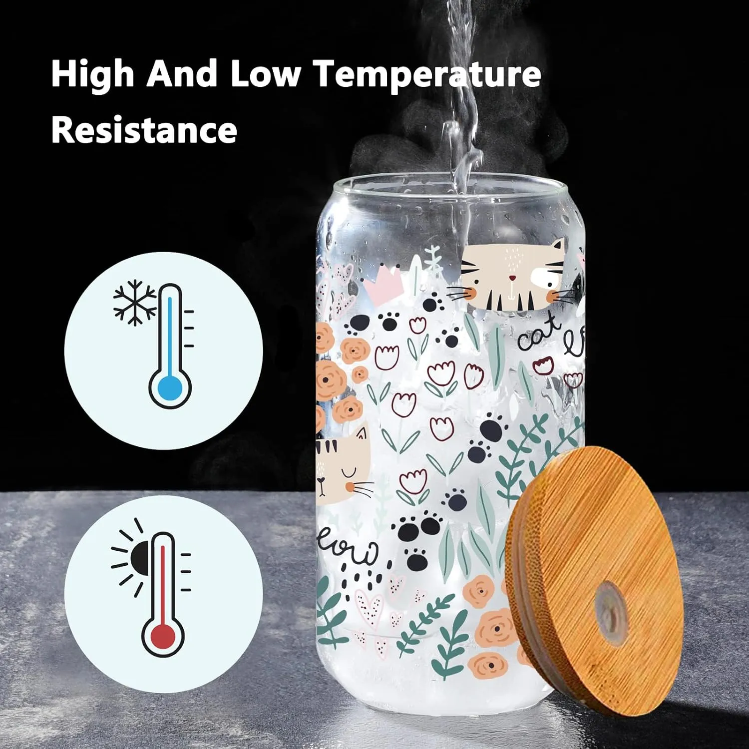 Cat and Floral Drinking Glass Cup 16 Oz with Bamboo Lid and Straws, Iced Coffee Beer Cocktail Glass Tumbler, Holiday Christmas Birthday Gift for Dad Mom Sister Friends Bestie