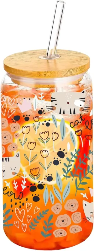 Cat and Floral Drinking Glass Cup 16 Oz with Bamboo Lid and Straws, Iced Coffee Beer Cocktail Glass Tumbler, Holiday Christmas Birthday Gift for Dad Mom Sister Friends Bestie
