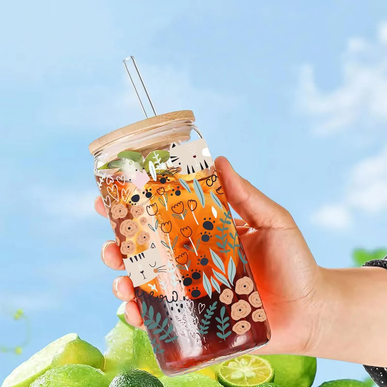 Cat and Floral Drinking Glass Cup 16 Oz with Bamboo Lid and Straws, Iced Coffee Beer Cocktail Glass Tumbler, Holiday Christmas Birthday Gift for Dad Mom Sister Friends Bestie