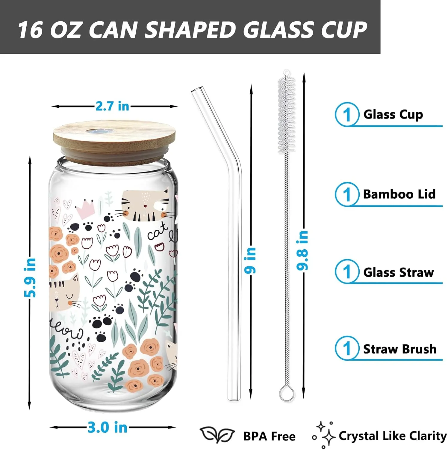 Cat and Floral Drinking Glass Cup 16 Oz with Bamboo Lid and Straws, Iced Coffee Beer Cocktail Glass Tumbler, Holiday Christmas Birthday Gift for Dad Mom Sister Friends Bestie